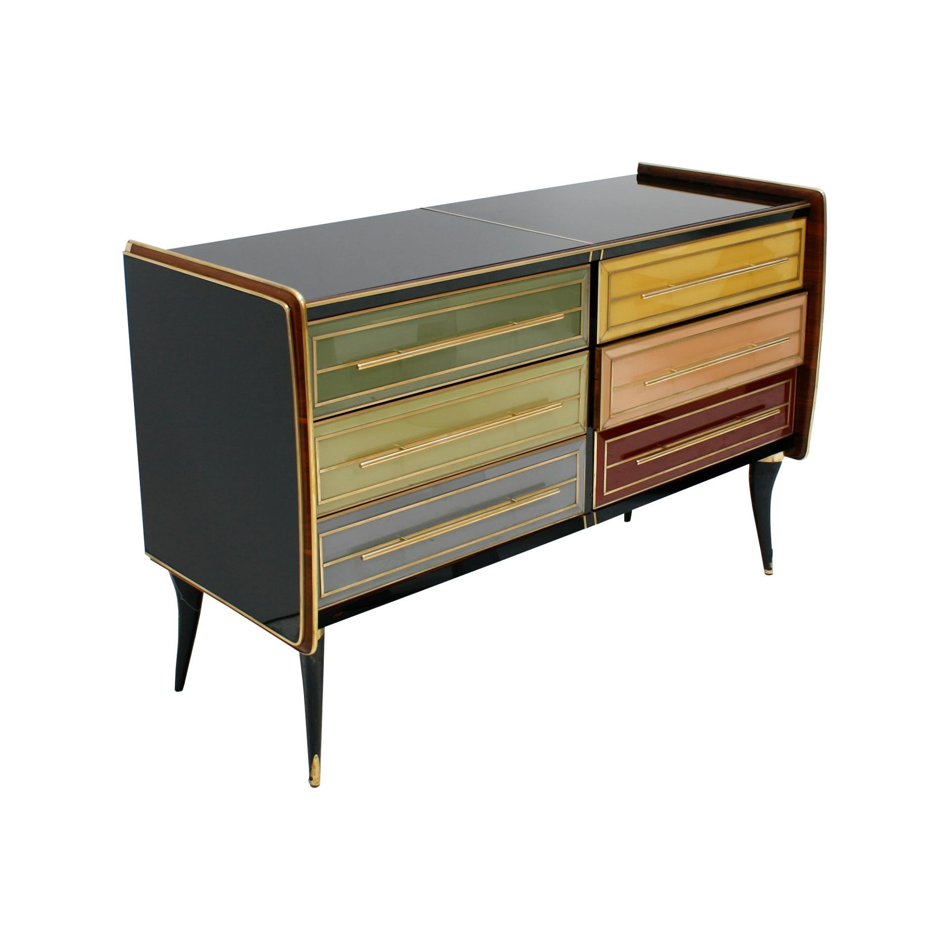 Modernes italienisches Sideboard aus Massivholz und farbigem Glas aus der Mitte des Jahrhunderts (Italienisch) im Angebot