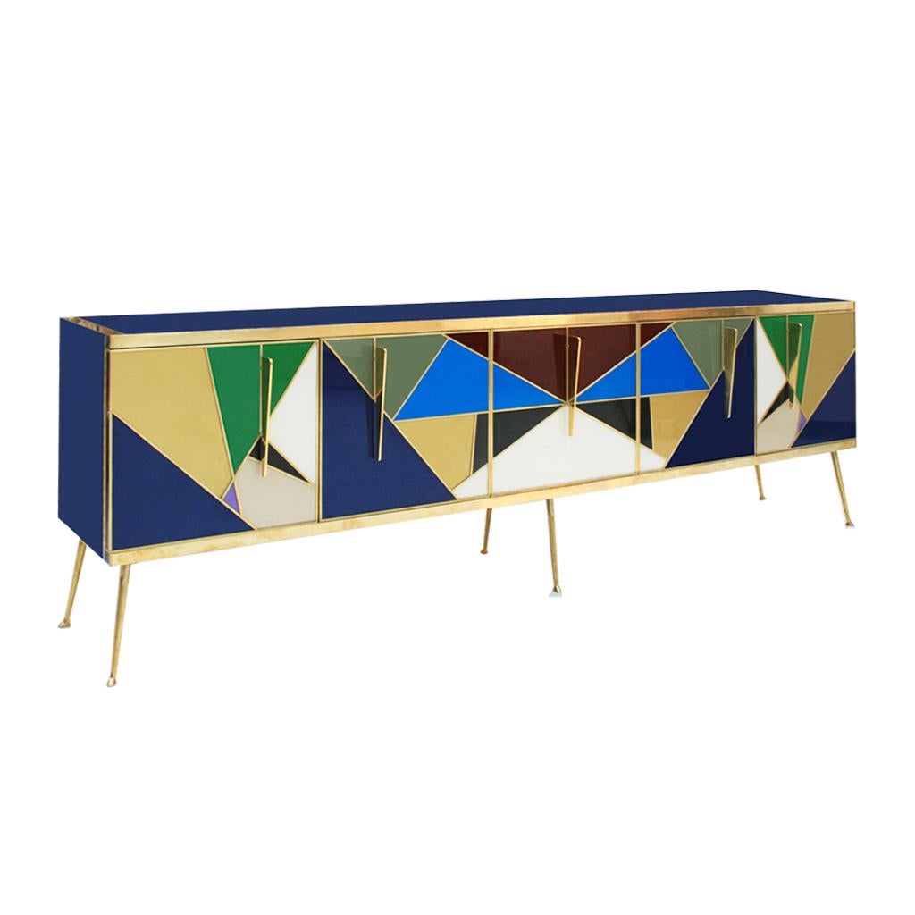 Mid-Century Modern Solid Wood and Colored Glass Italian Sideboard In Good Condition For Sale In Madrid, ES