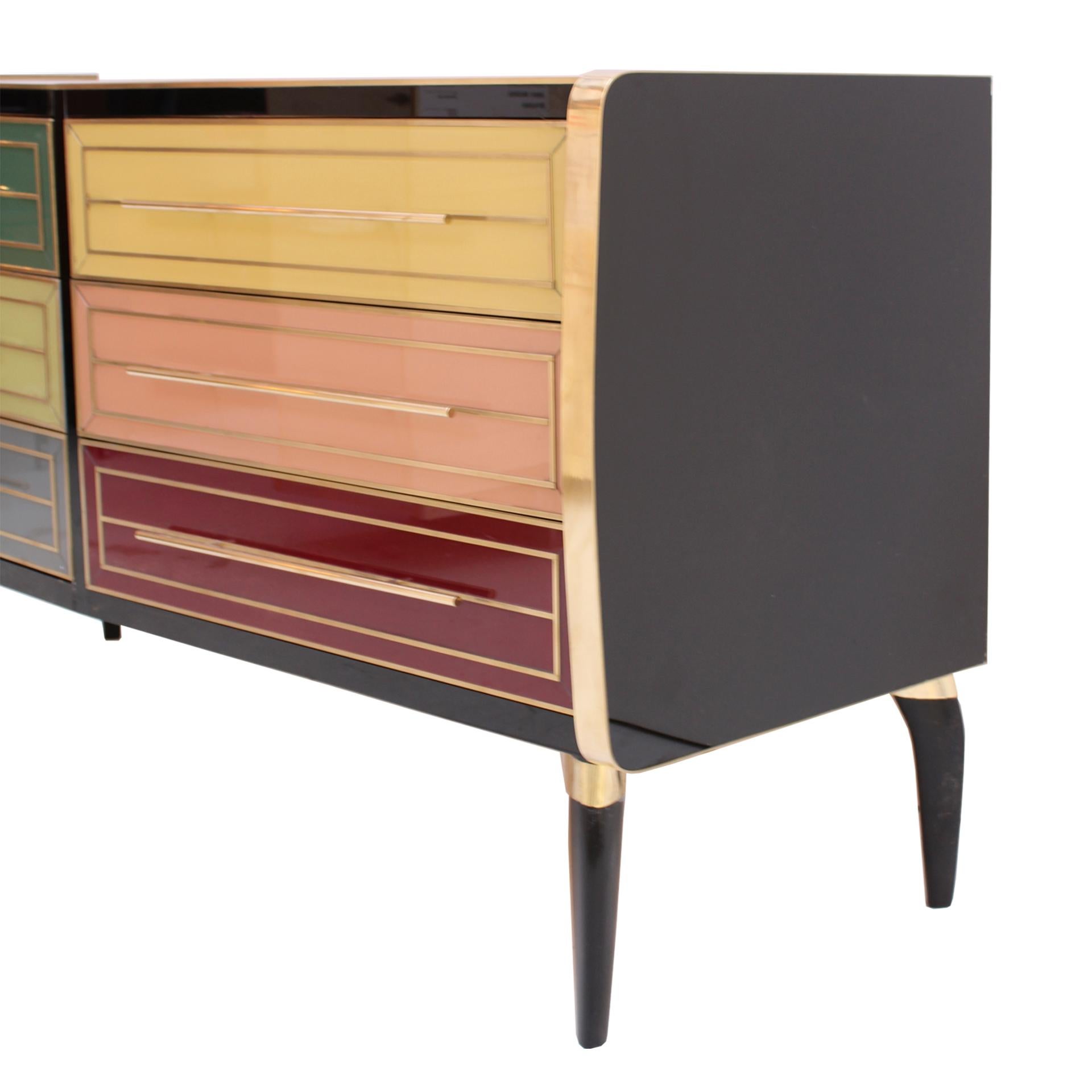 Mid-20th Century Mid-Century Modern Solid Wood and Colored Glass Italian Sideboard For Sale
