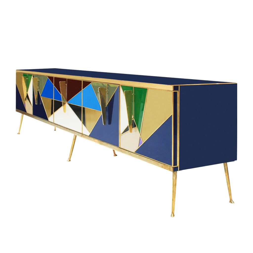 Brass Mid-Century Modern Solid Wood and Colored Glass Italian Sideboard
