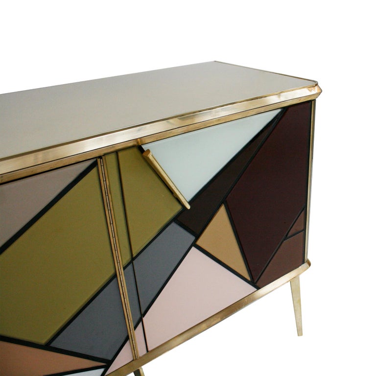 Brass Mid-Century Modern Solid Wood and Colored Glass Italian Sideboard For Sale