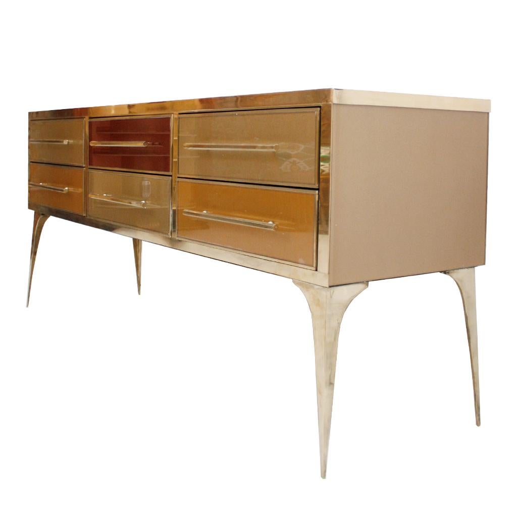 Mid-Century Modern Solid Wood and Colored Glass Italian Sideboard For Sale 1