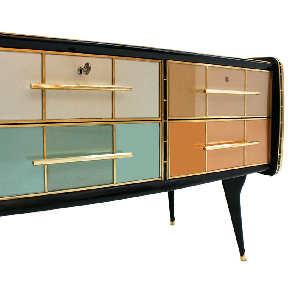 Mid-Century Modern Solid Wood and Colored Glass Italian Sideboard 2