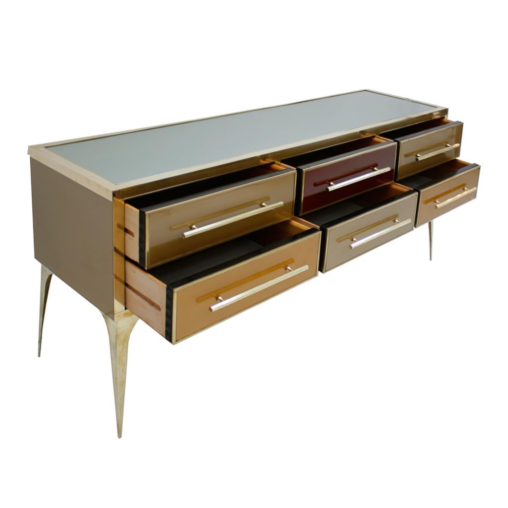 Mid-Century Modern Solid Wood and Colored Glass Italian Sideboard (Messing)