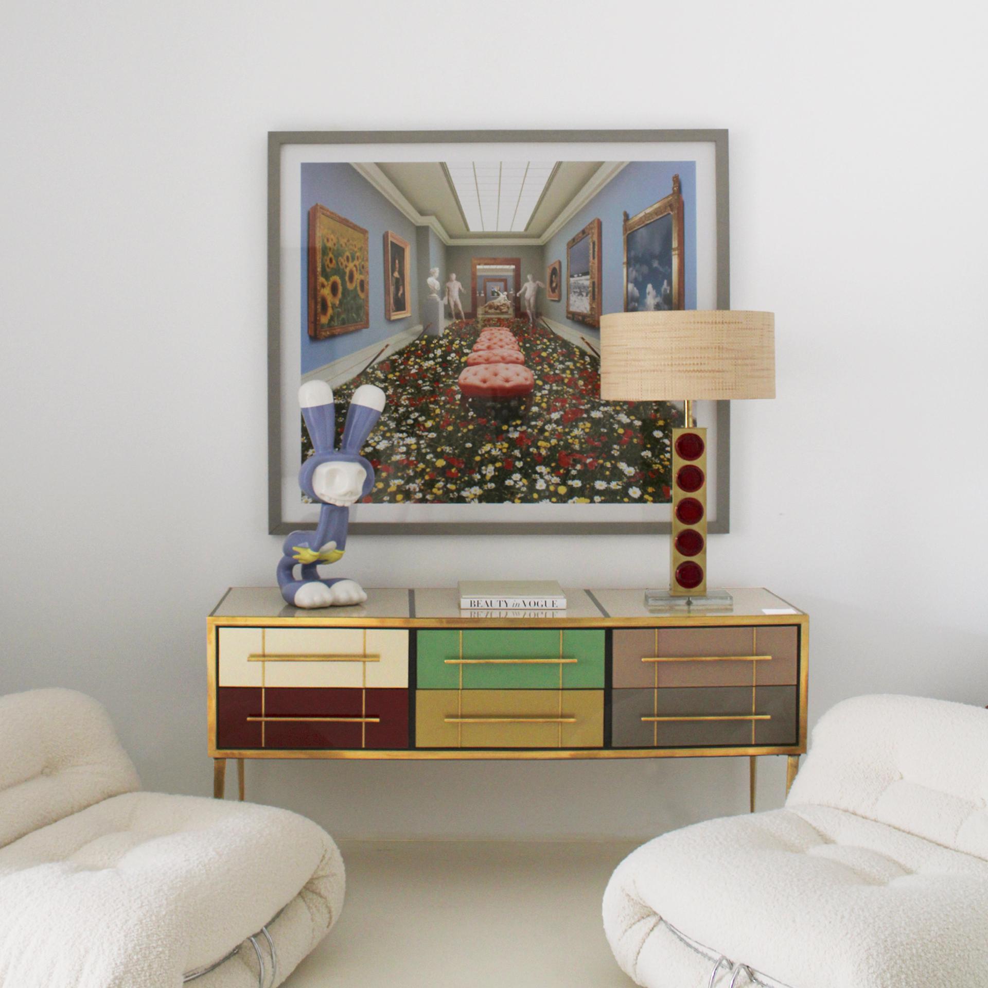 Mid-20th Century Mid-Century Modern Solid Wood and Colored Glass Italian Sideboard For Sale