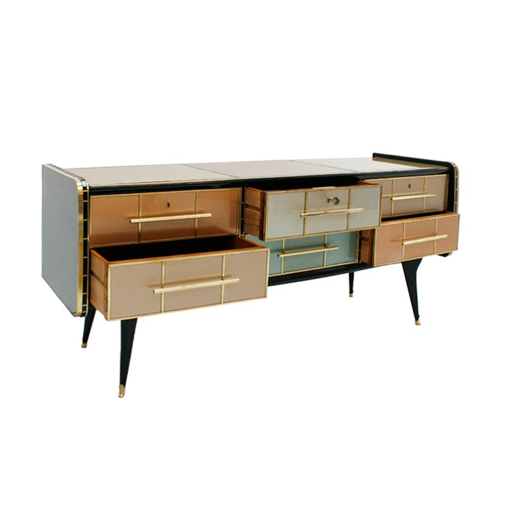 Mid-Century Modern Solid Wood and Colored Glass Italian Sideboard 4