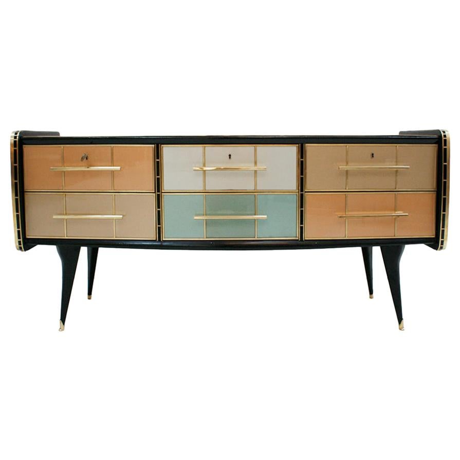 Mid-Century Modern Solid Wood and Colored Glass Italian Sideboard