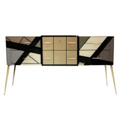 Mid-Century Modern Solid Wood and Colored Glass Italian Sideboard