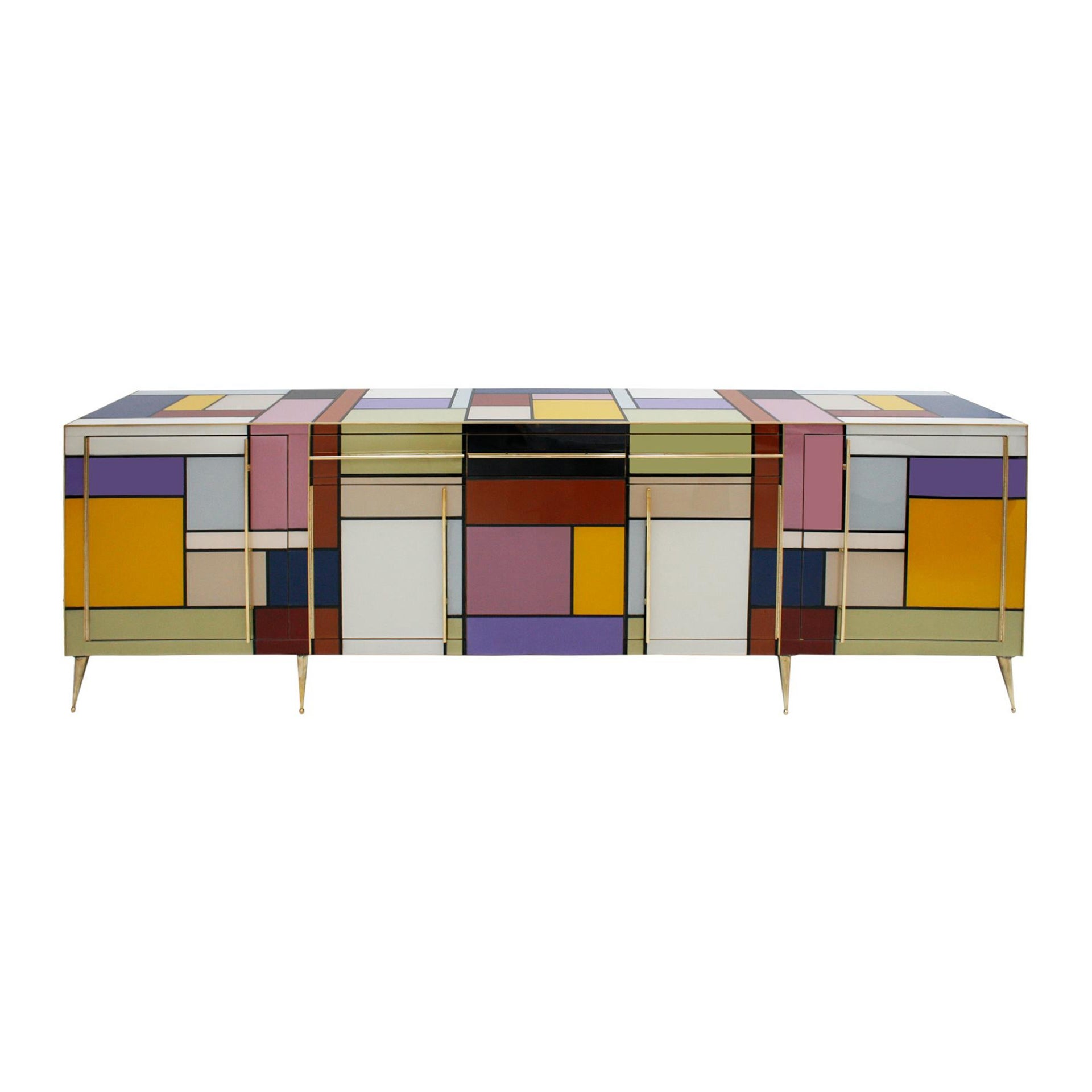 Credenza italiana di metà secolo in legno massiccio e vetro colorato