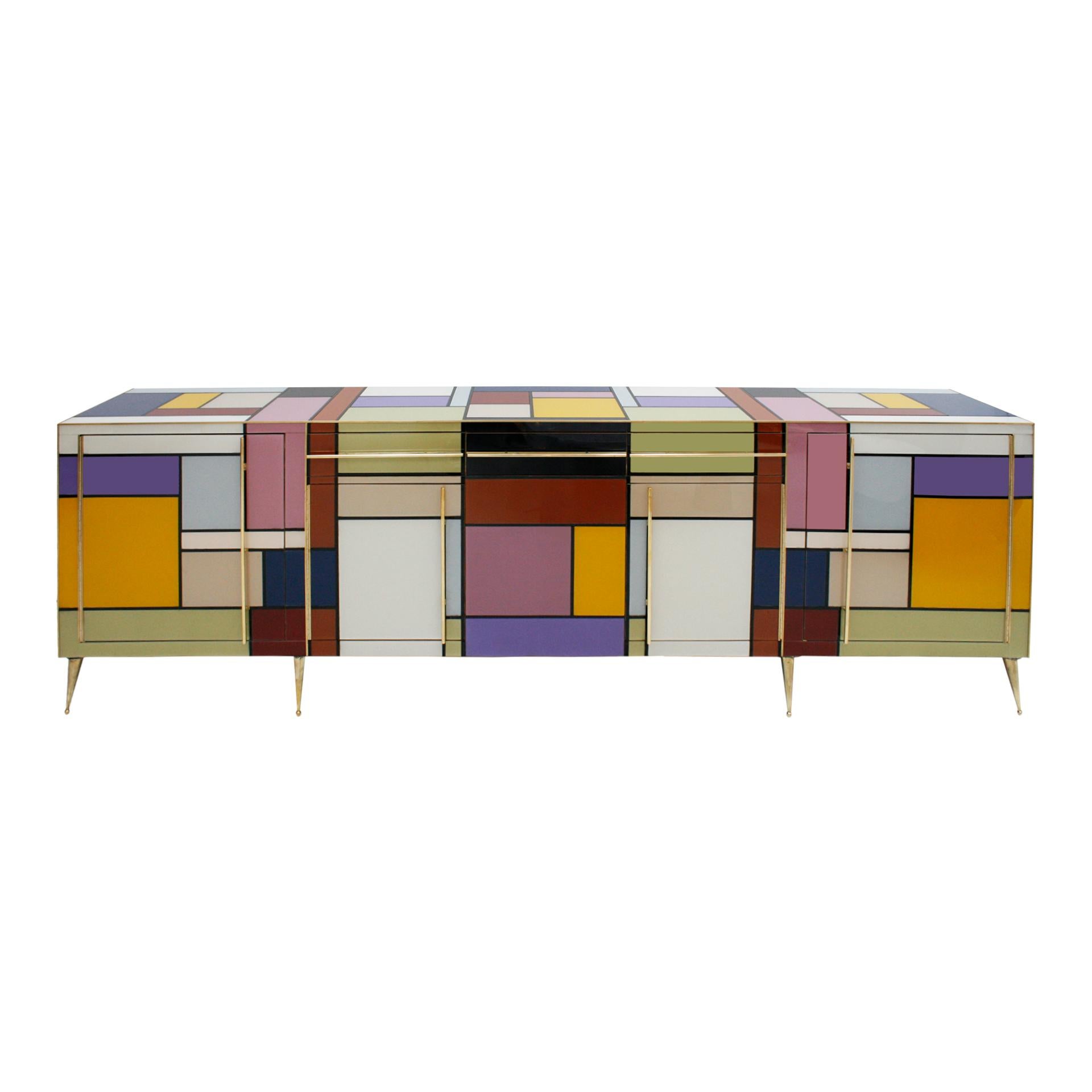 Mid-Century Modern Solid Wood and Colored Glass Italian Sideboard