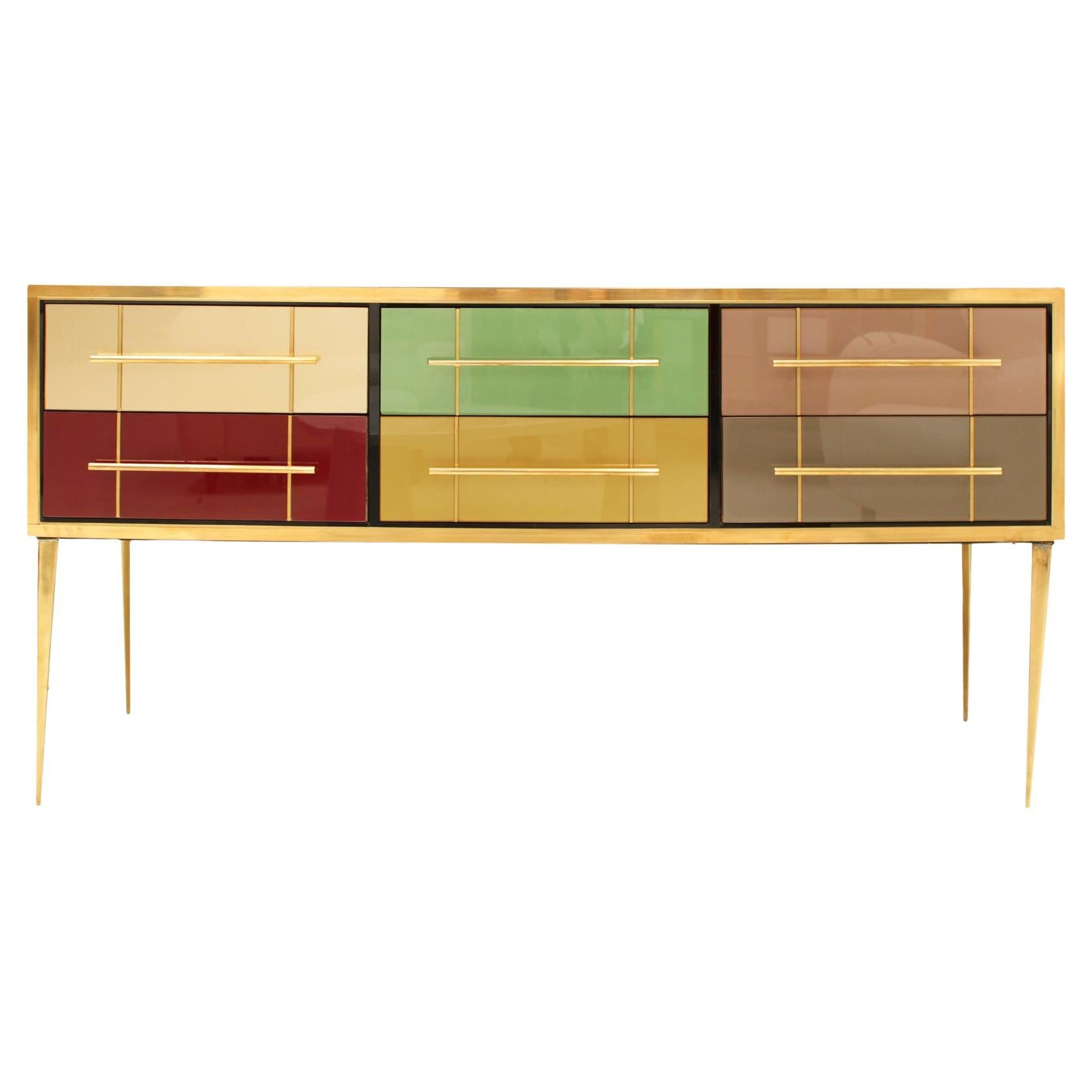 Mid-Century Modern Solid Wood and Colored Glass Italian Sideboard For Sale