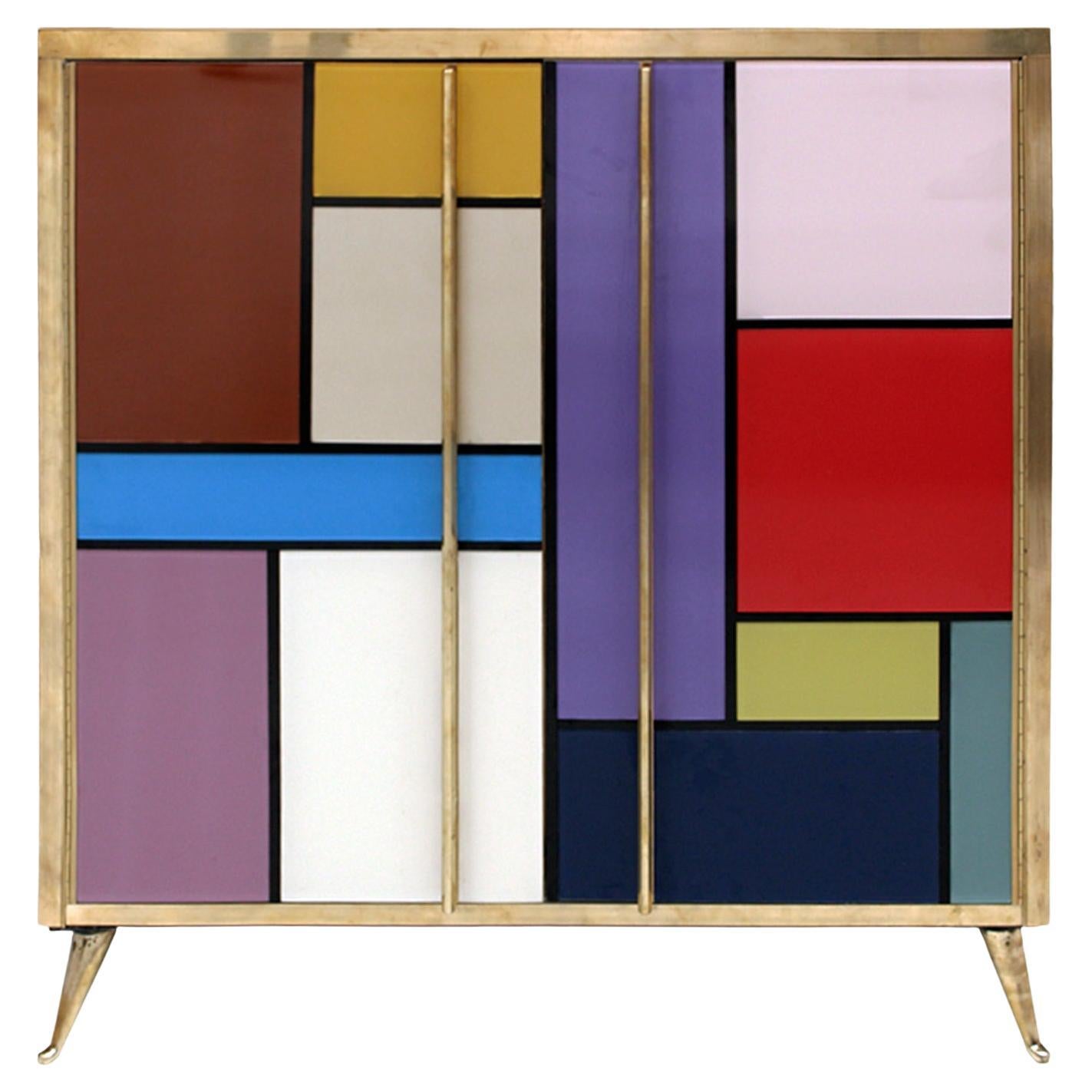 Mid-Century Modern Style Solid Wood and Colored Glass Italian Sideboard For Sale