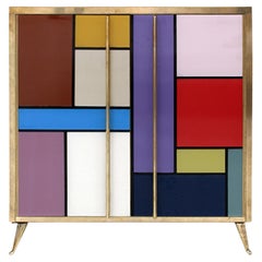 Used Mid-Century Modern Style Solid Wood and Colored Glass Italian Sideboard