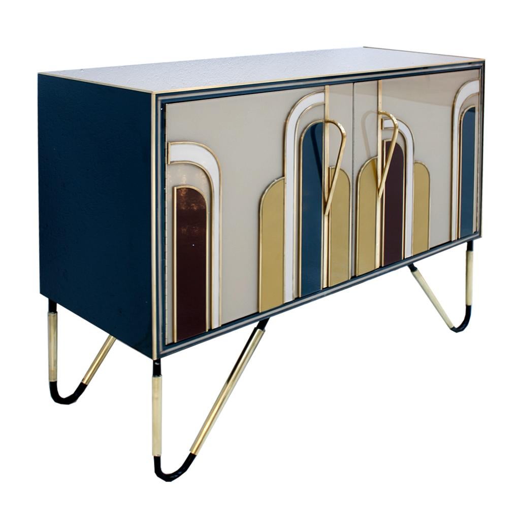 Mid-Century Modern Style Solid Wood and Colored Glass Pair of Italian Sideboards In Good Condition For Sale In Madrid, ES