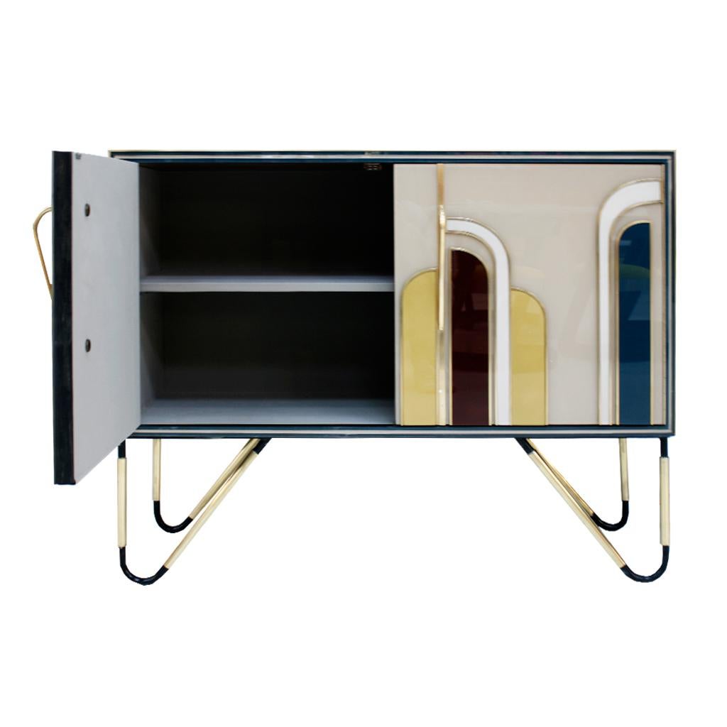 20th Century Mid-Century Modern Style Solid Wood and Colored Glass Pair of Italian Sideboards For Sale