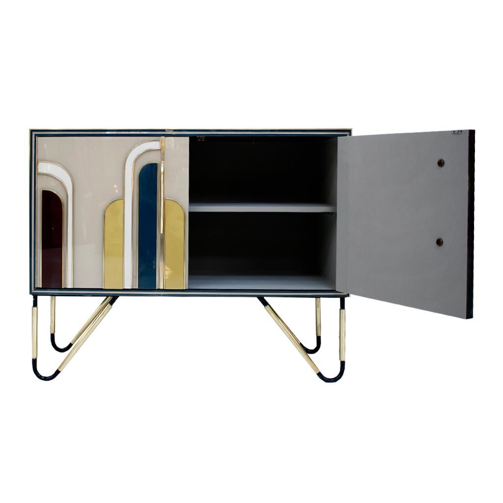 Brass Mid-Century Modern Style Solid Wood and Colored Glass Pair of Italian Sideboards For Sale