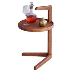 Mid-century Modern movable solid Oak wood side/serving table with brass inlay