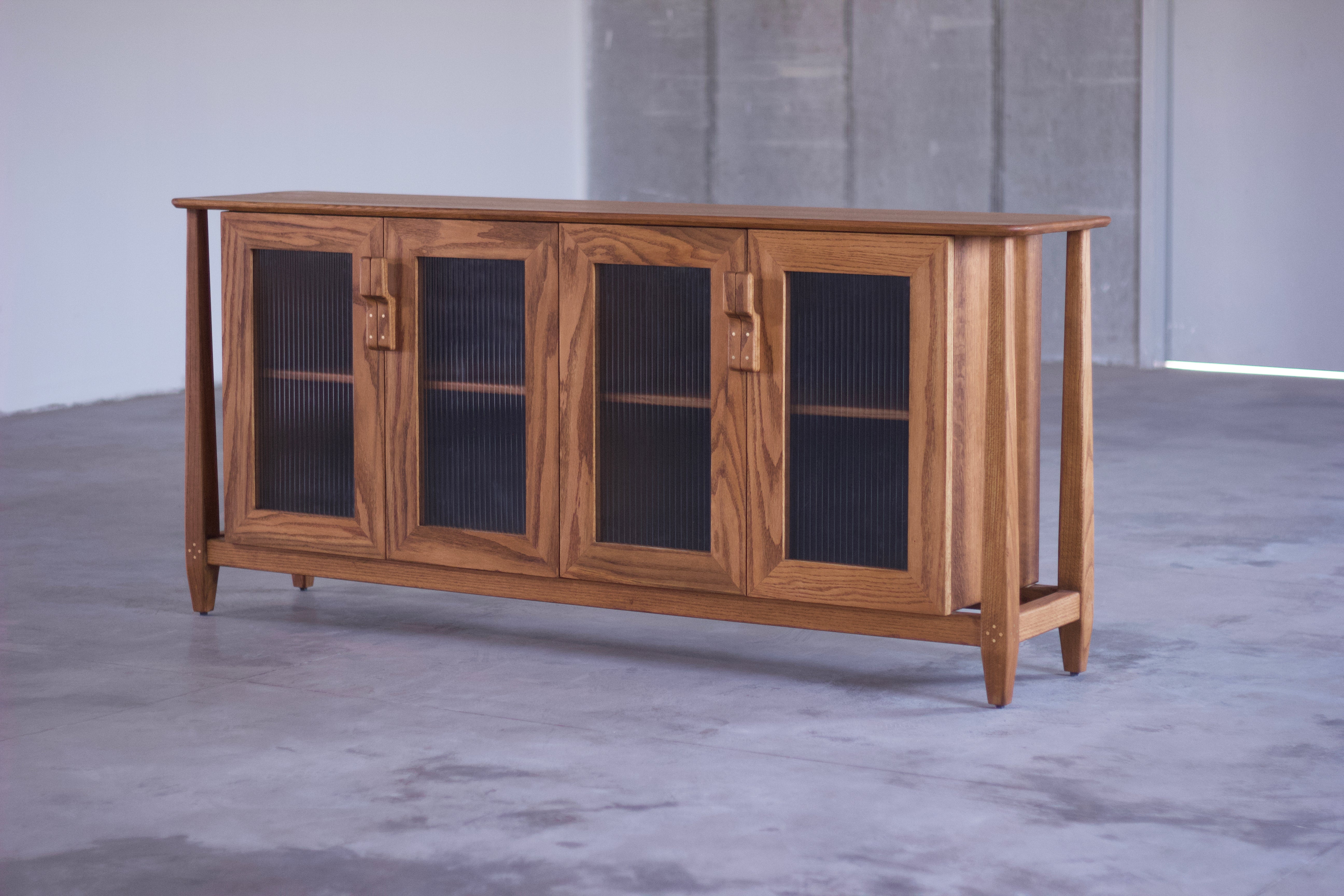 Mid-Century Modern Solid Wood Oak Storage Credenza Cabinet with, Brass & Glass For Sale