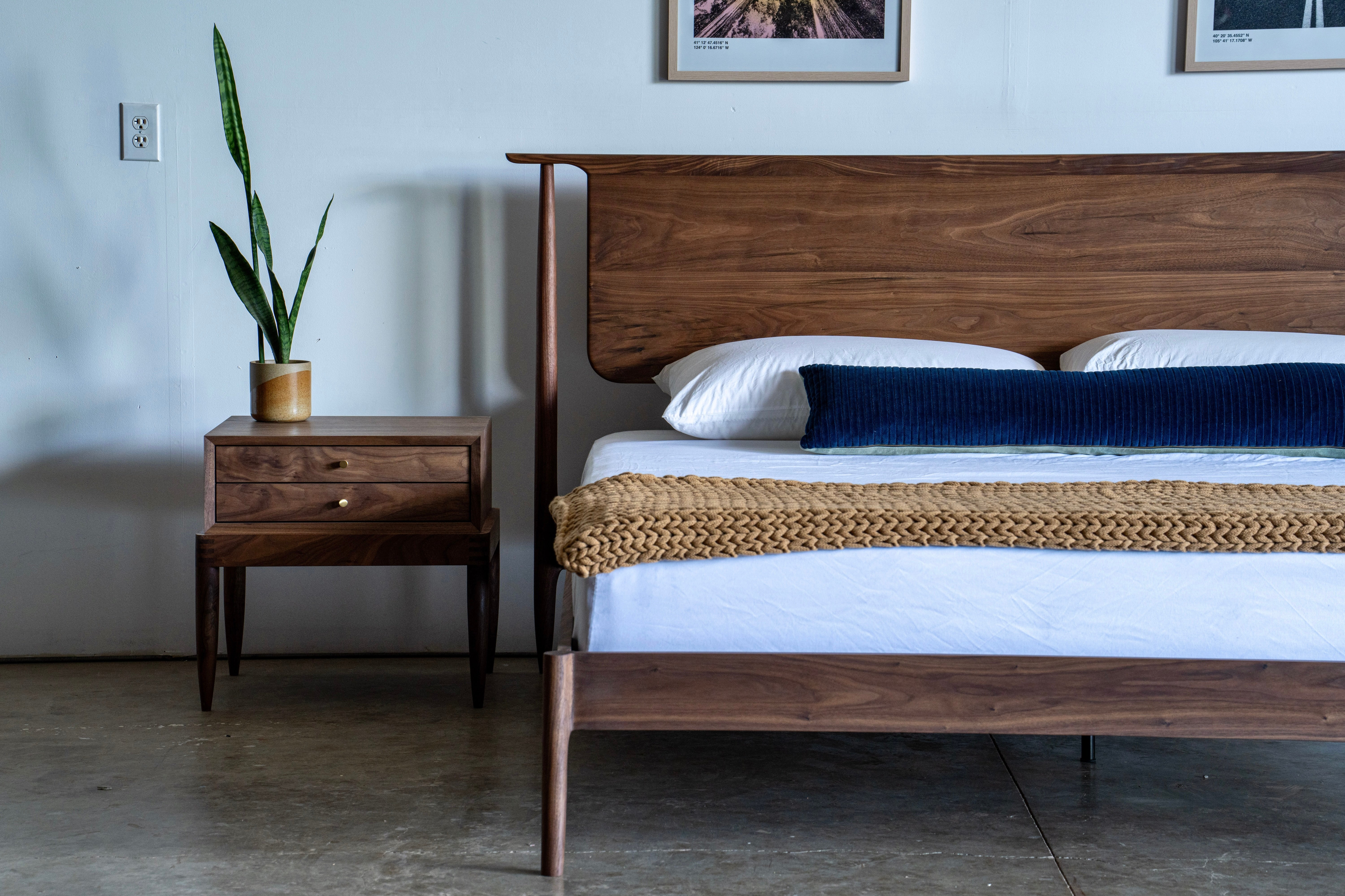 Oiled Mid century Modern Solid Wood Platform Bed For Sale