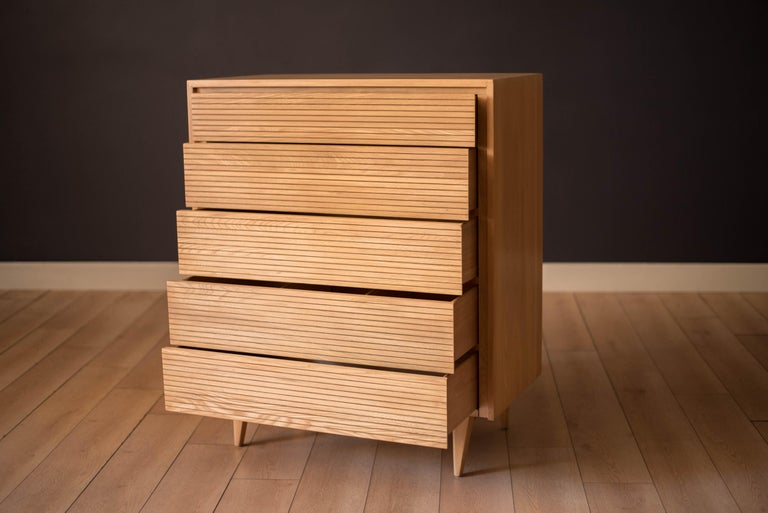 Mid Century Modern Solid Wood Slatted Highboy Storage Dresser Chest at