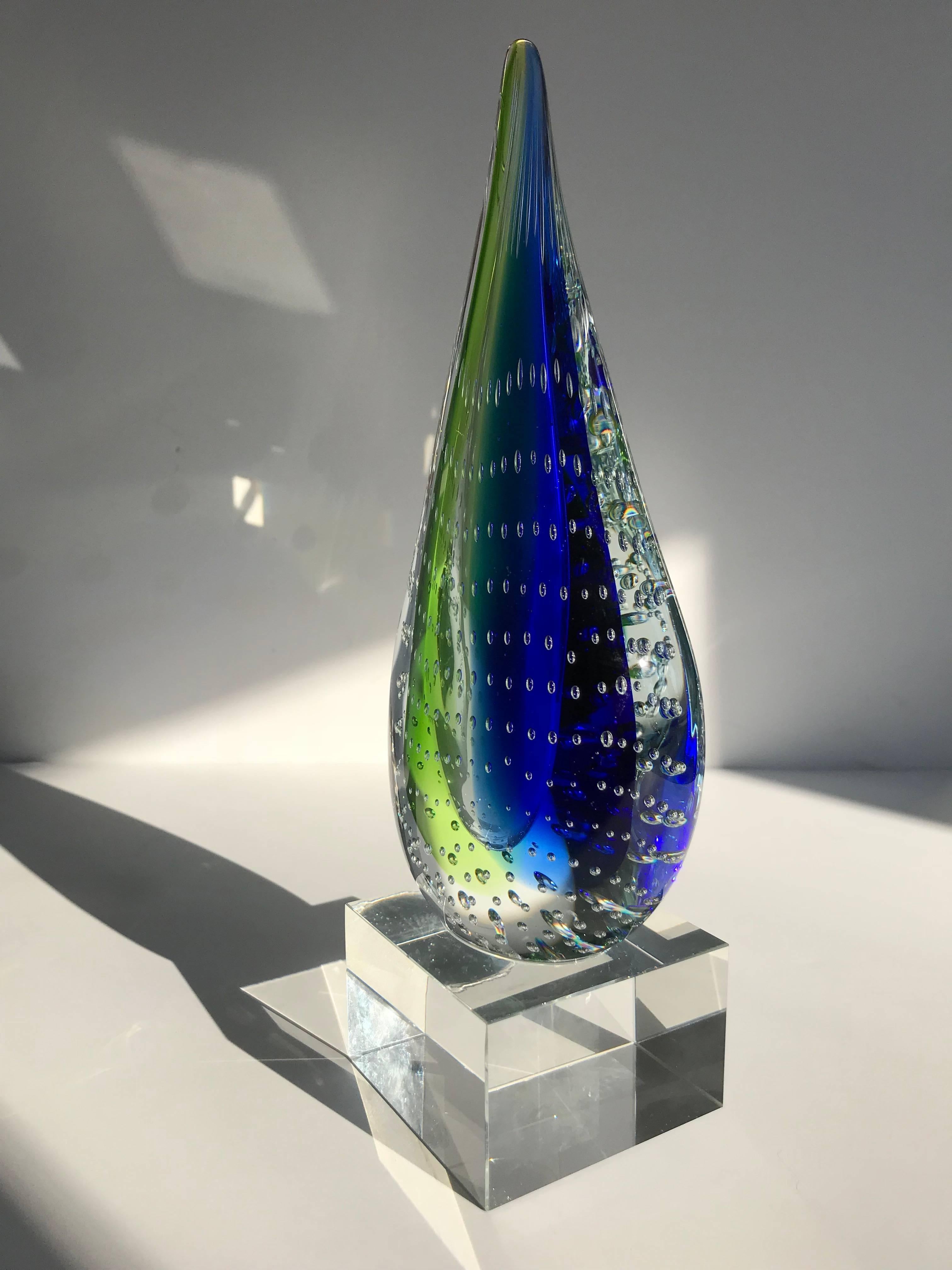 Polished Teardrop Murano Sculpture in Green and Blue Sommerso Glass, Italy, c. 1980s
