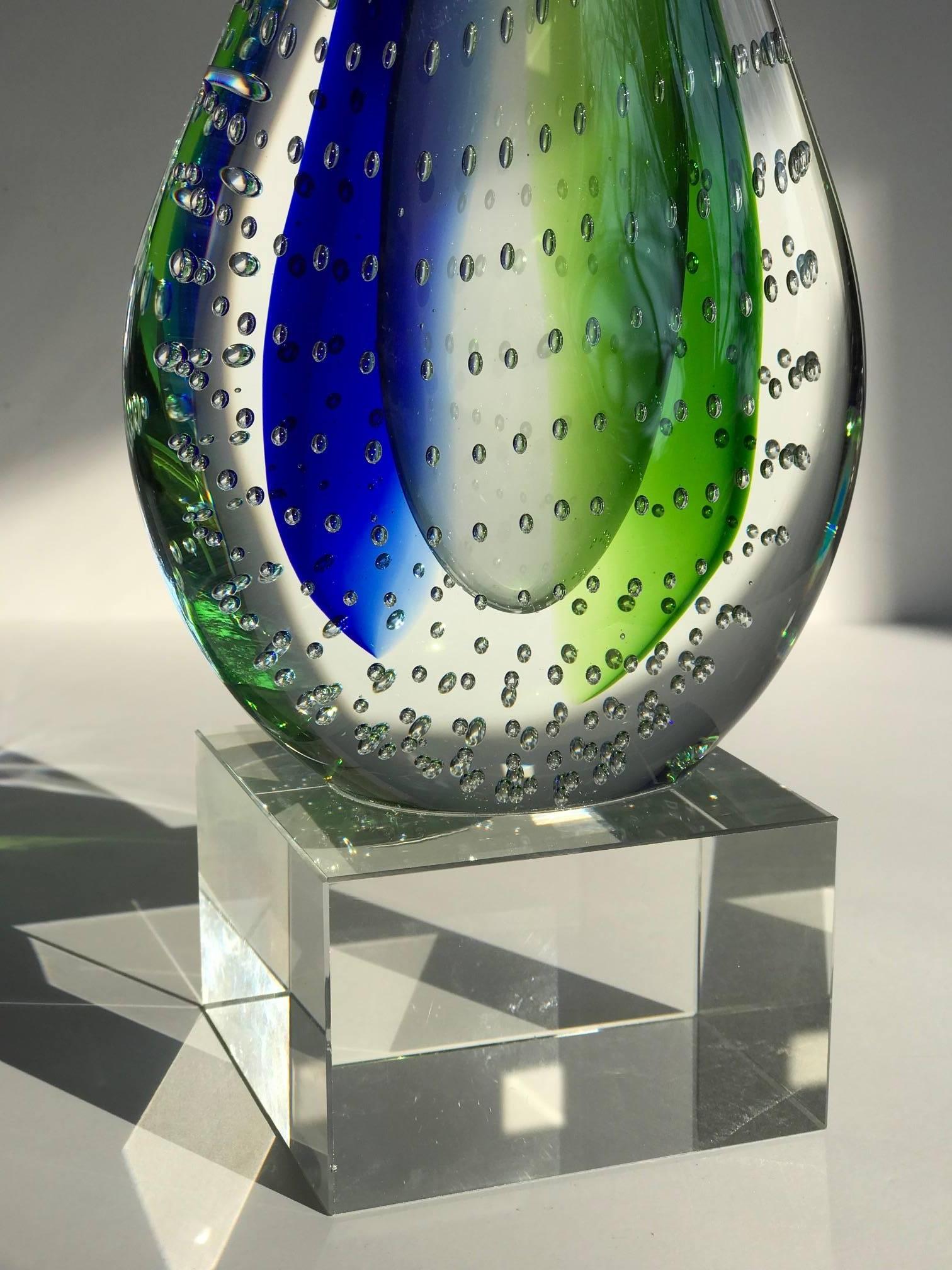 Murano Glass Teardrop Murano Sculpture in Green and Blue Sommerso Glass, Italy, c. 1980s