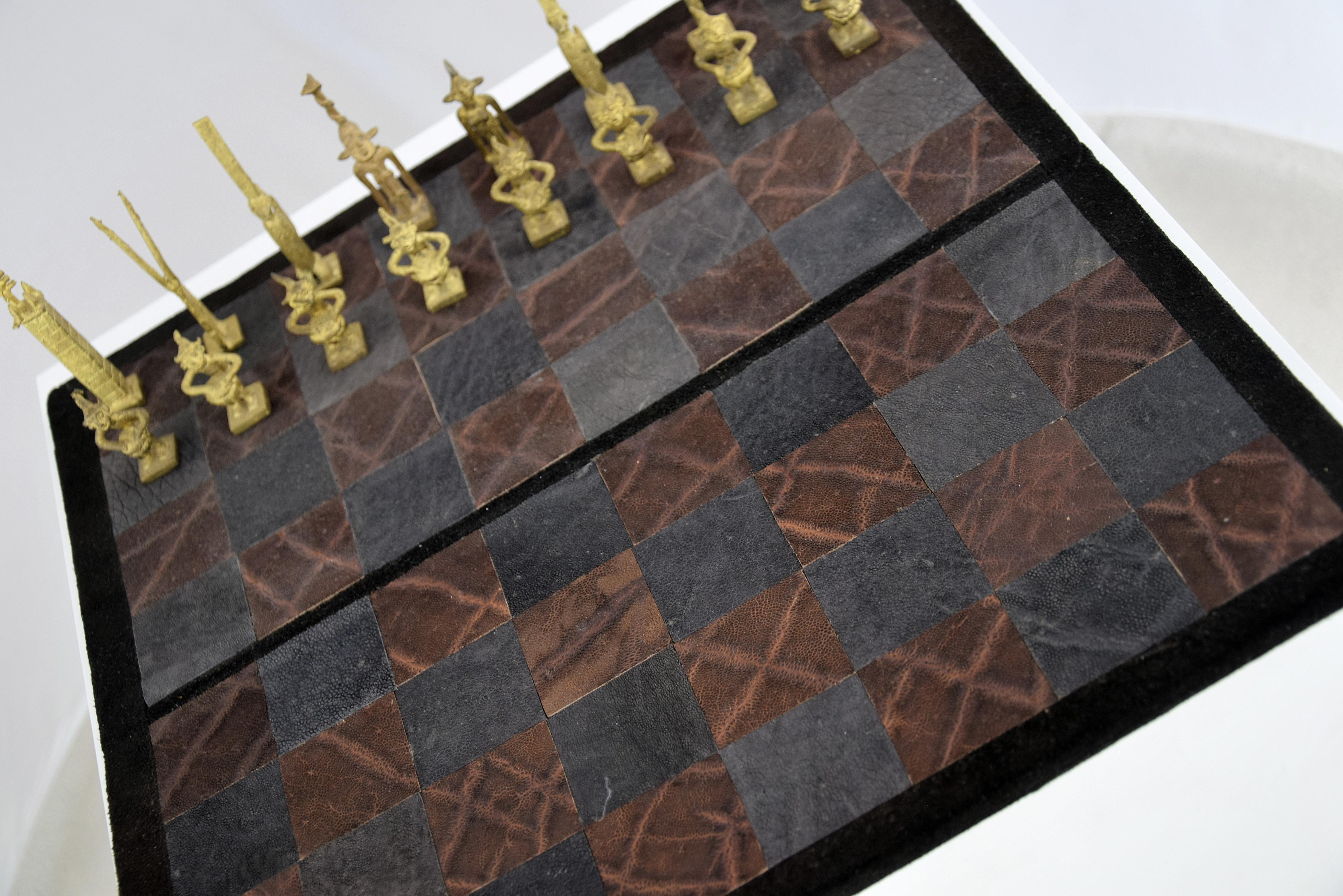 Mid-Century Modern South African Hand Made Brass and Leather Chess Set 4