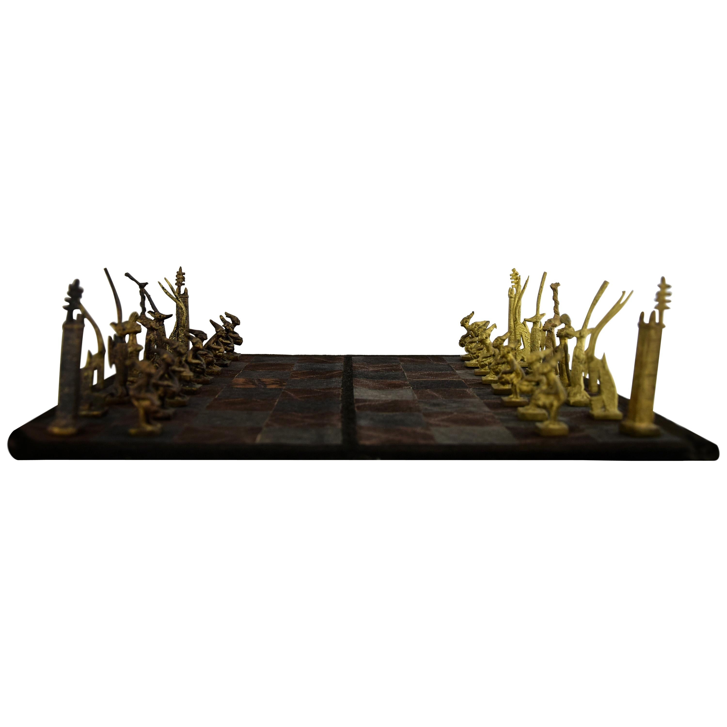 Mid-Century Modern South African Hand Made Brass and Leather Chess Set