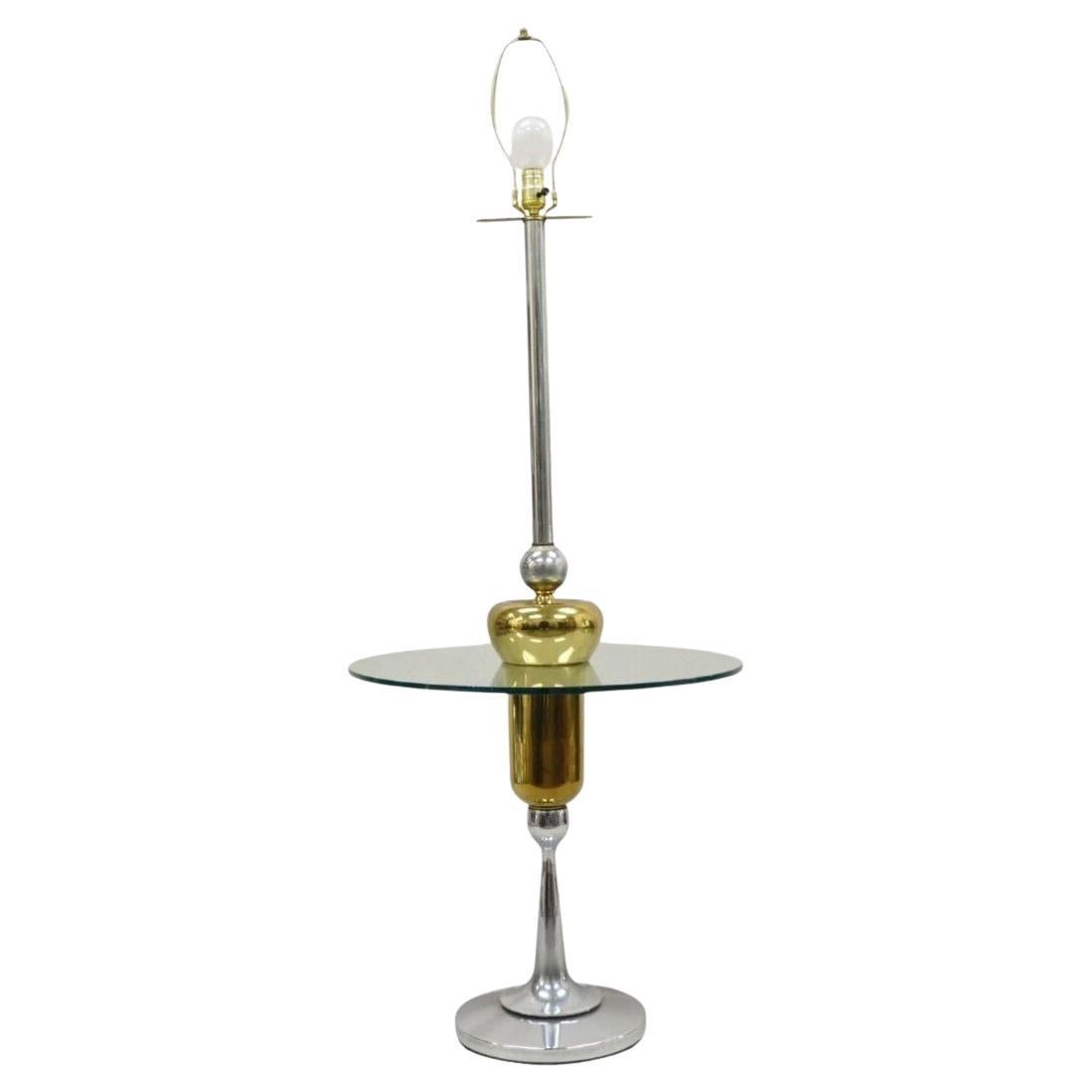 Mid Century Modern Space Age Atomic Era Chrome Brass Glass Side Table Floor Lamp For Sale