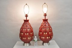 Mid Century Modern Space Age Red Ceramic Beehive Large Table Lamps - a Pair