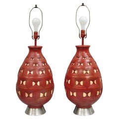 Mid Century Modern Space Age Red Ceramic Beehive Large Table Lamps - a Pair
