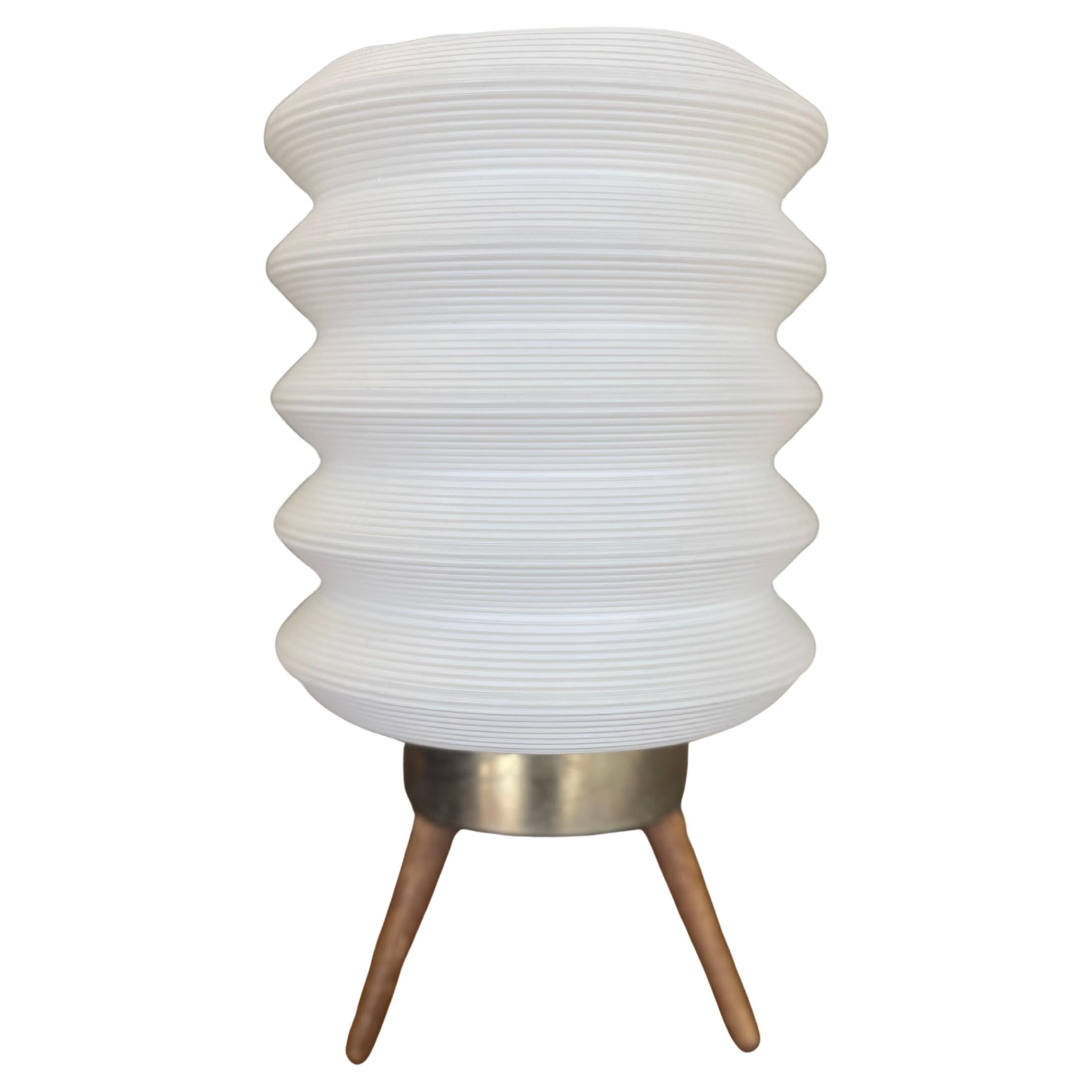 Mid-Century Modern Space-Age White Ribbed Lantern Table Lamp on Wood Tripod Base For Sale