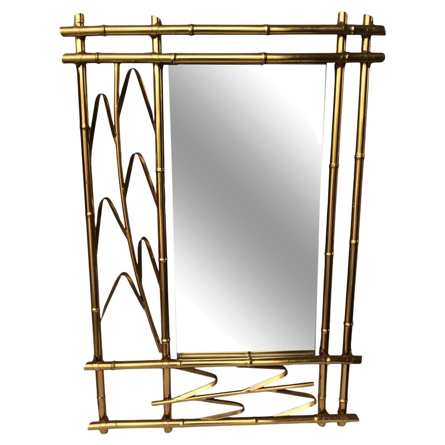 Mid-Century Modern Spanish Brass Faux Bamboo Mirror For Sale