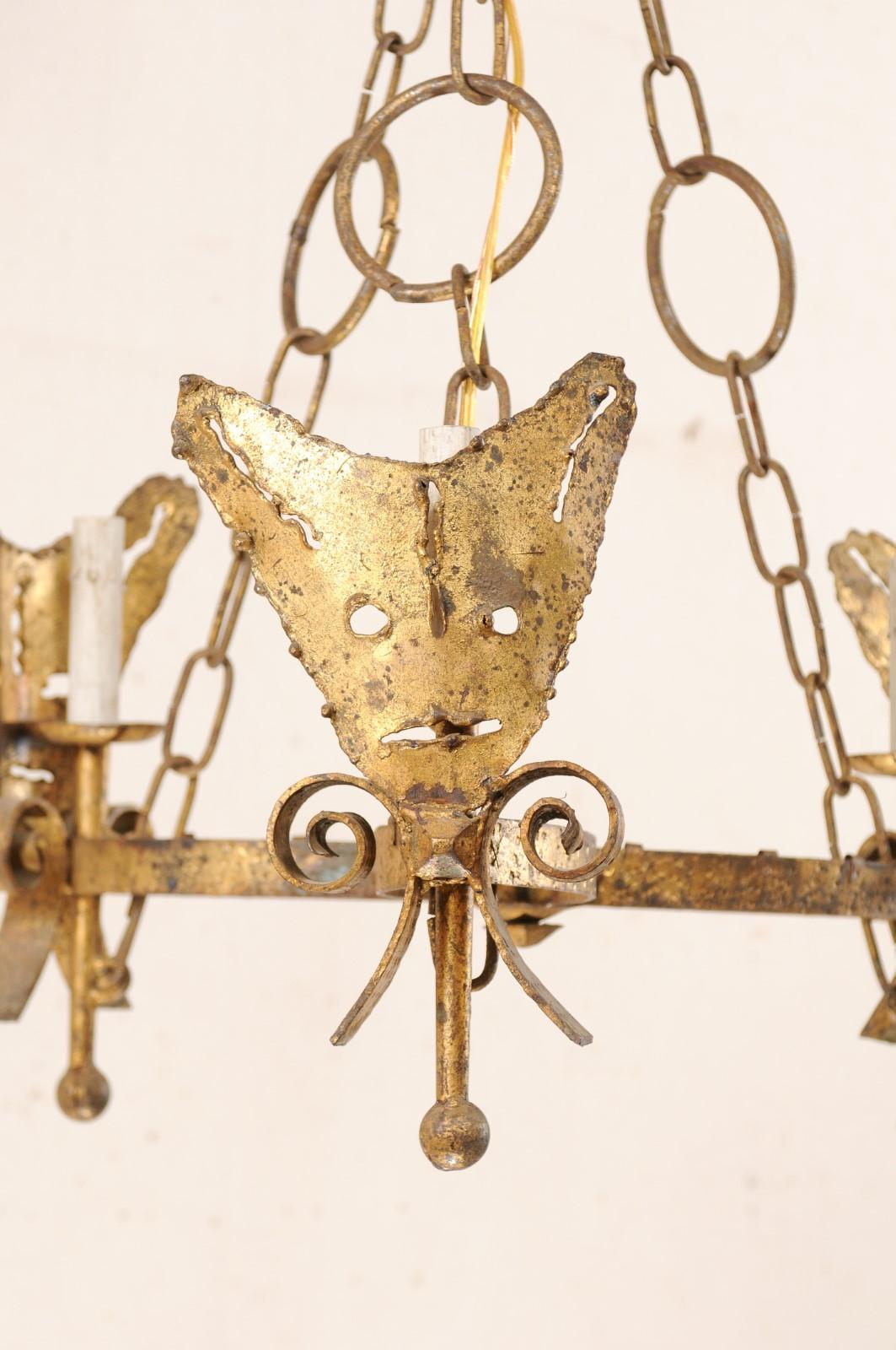 Mid-Century Modern Spanish Brutalist Iron Chandelier in Gold Finish 3