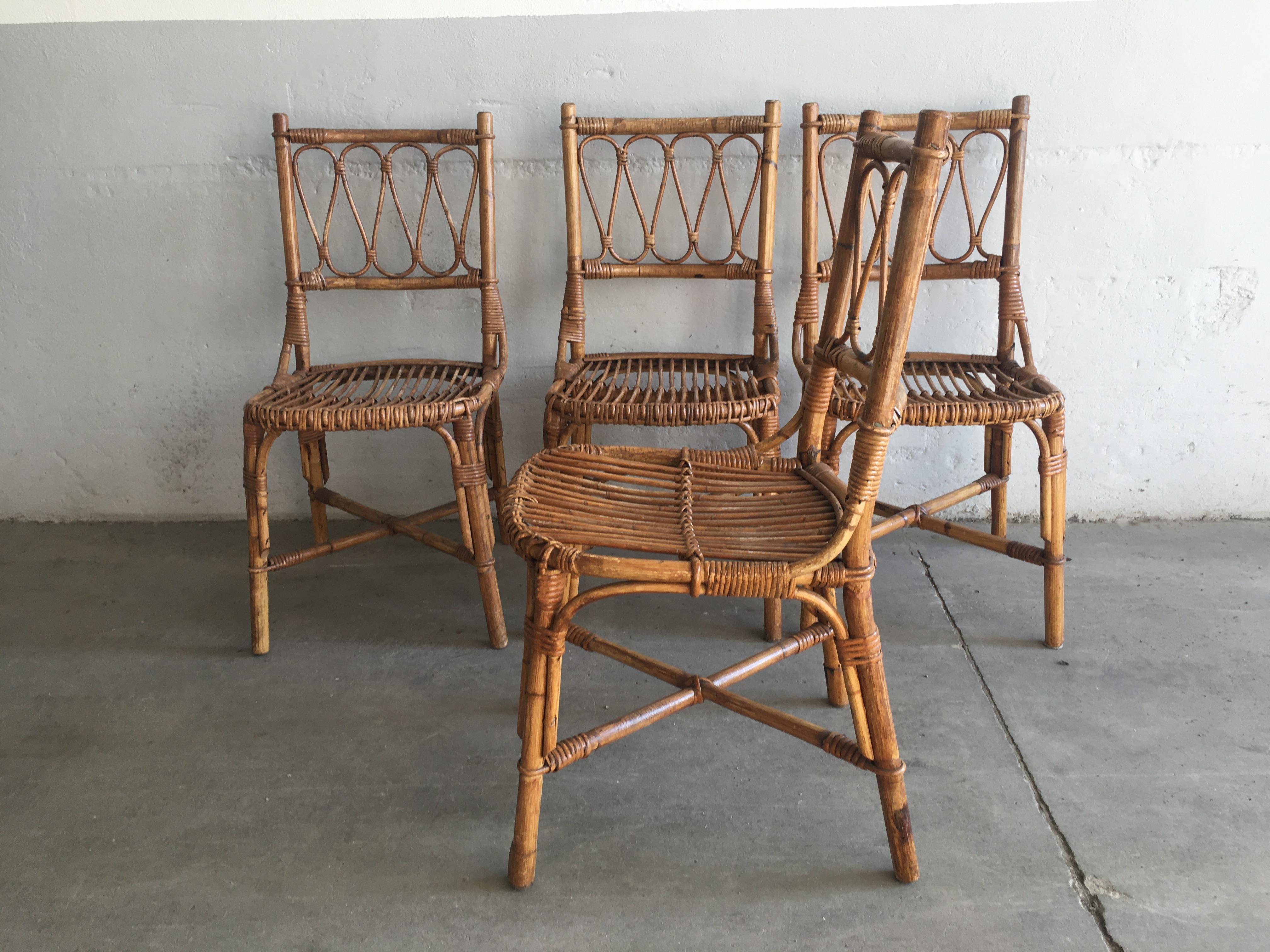 Mid-Century Modern Spanish Set of 4 Bamboo Dining Chairs, 1970s In Good Condition In Prato, IT