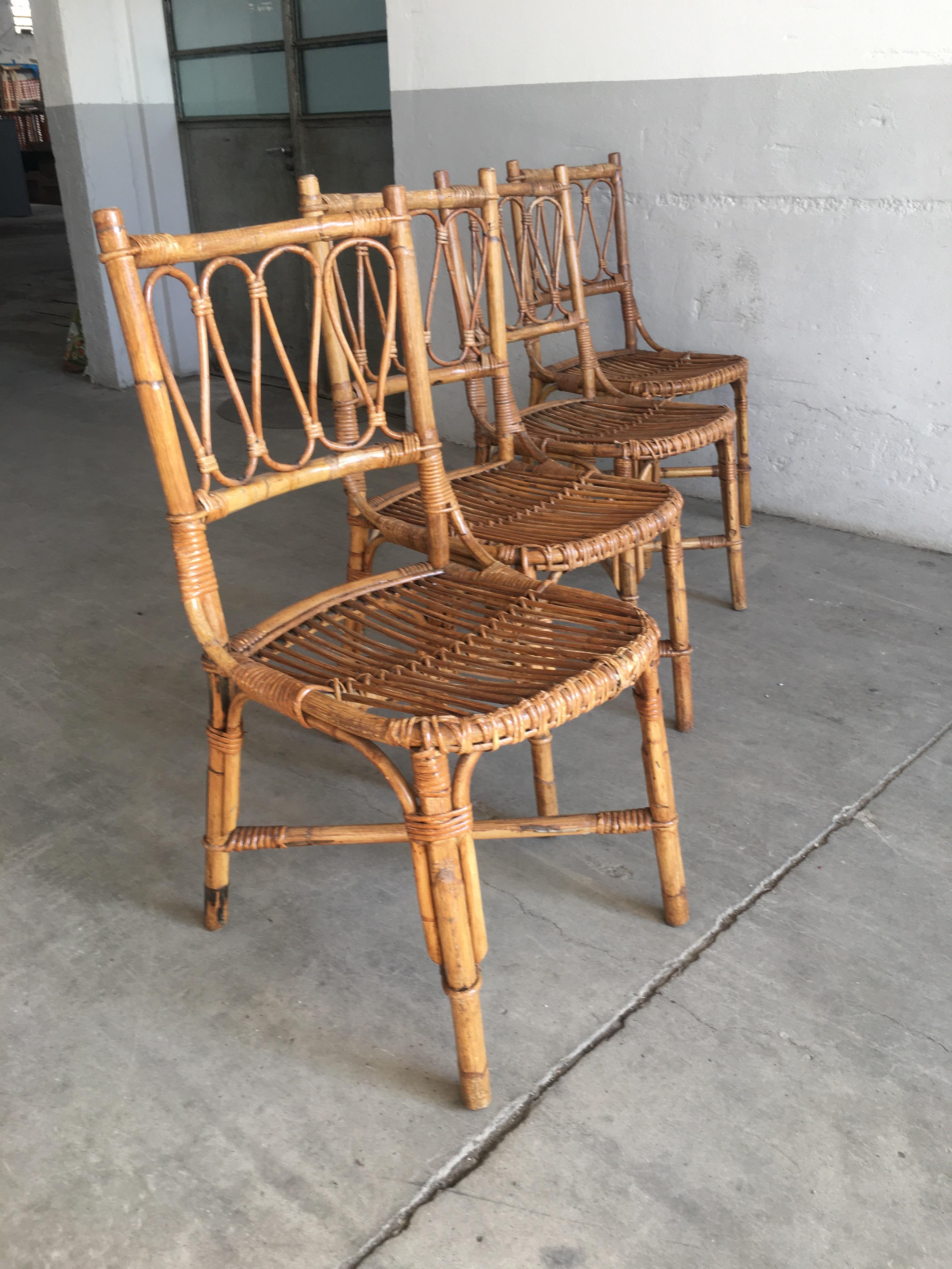Mid-20th Century Mid-Century Modern Spanish Set of 4 Bamboo Dining Chairs, 1970s