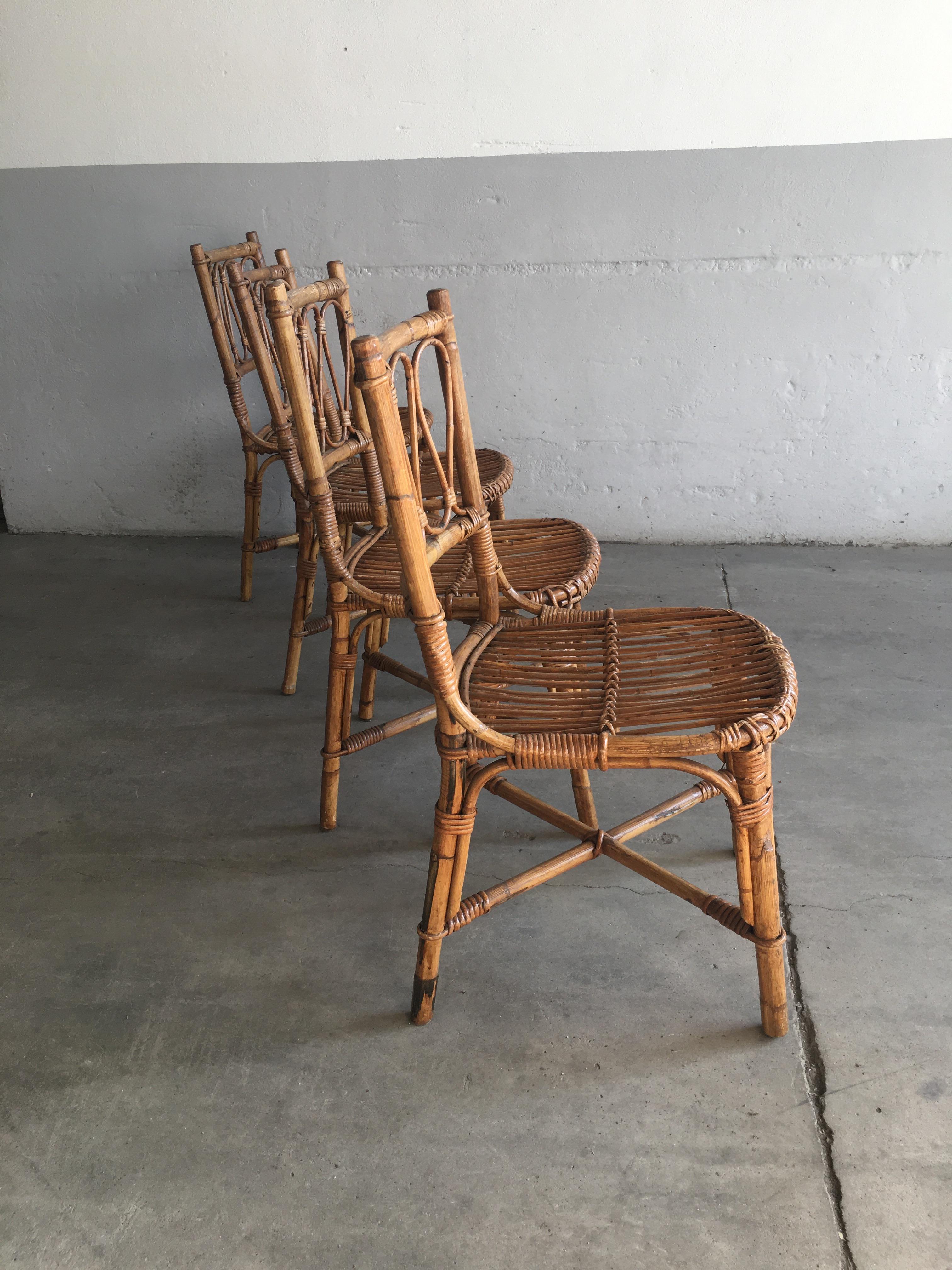 Mid-Century Modern Spanish Set of 4 Bamboo Dining Chairs, 1970s 1