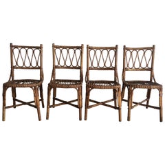 Mid-Century Modern Spanish Set of 4 Bamboo Dining Chairs, 1970s