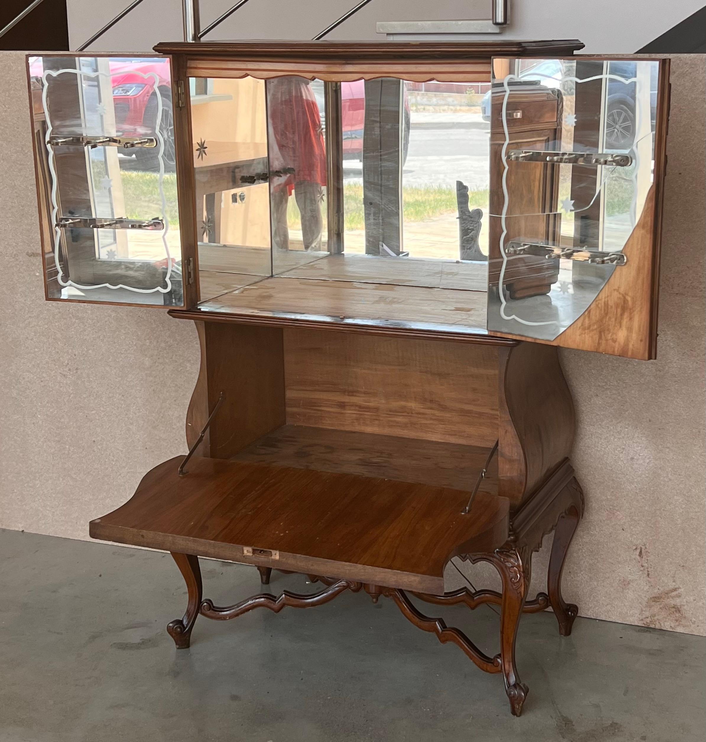 20th Century Mid-Century Modern Spanish Walnut Wood and Mirror Bar Cabinet, 1940s For Sale