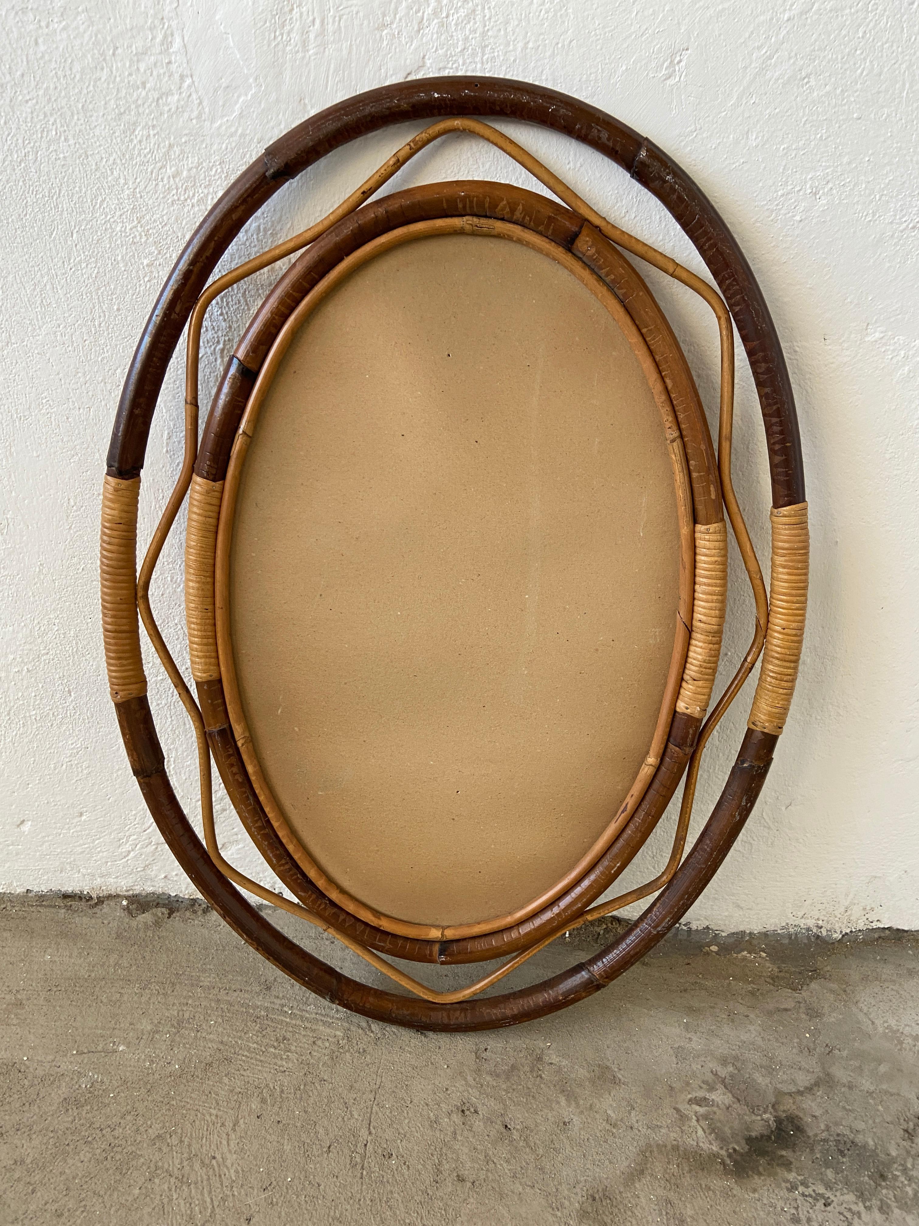 Mid-20th Century Mid-Century Modern Spanish Wicker and Cane Oval Wall Mirror, 1960s