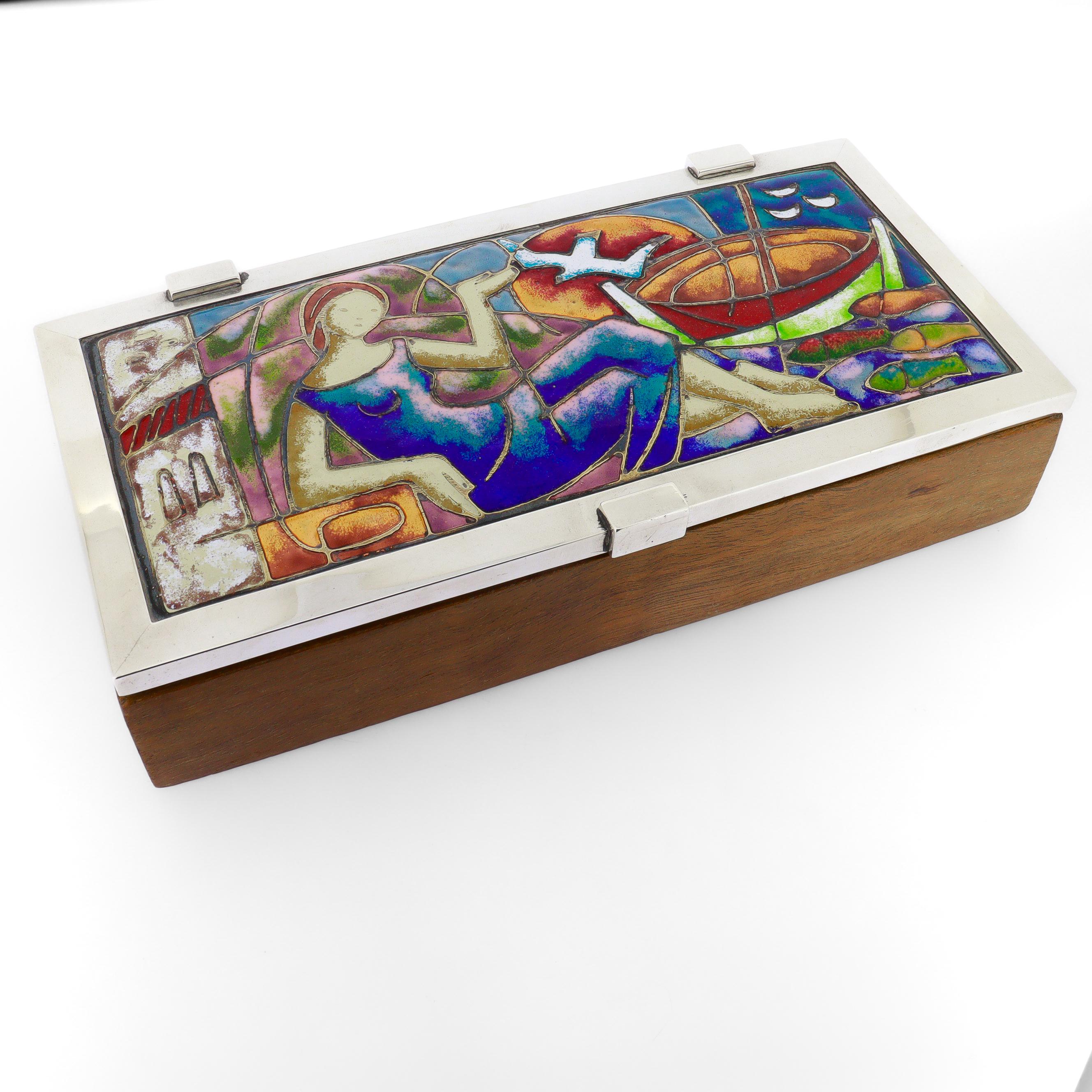 Caja de madera española moderna de mediados de siglo con tapa de plata y esmalte en venta 7