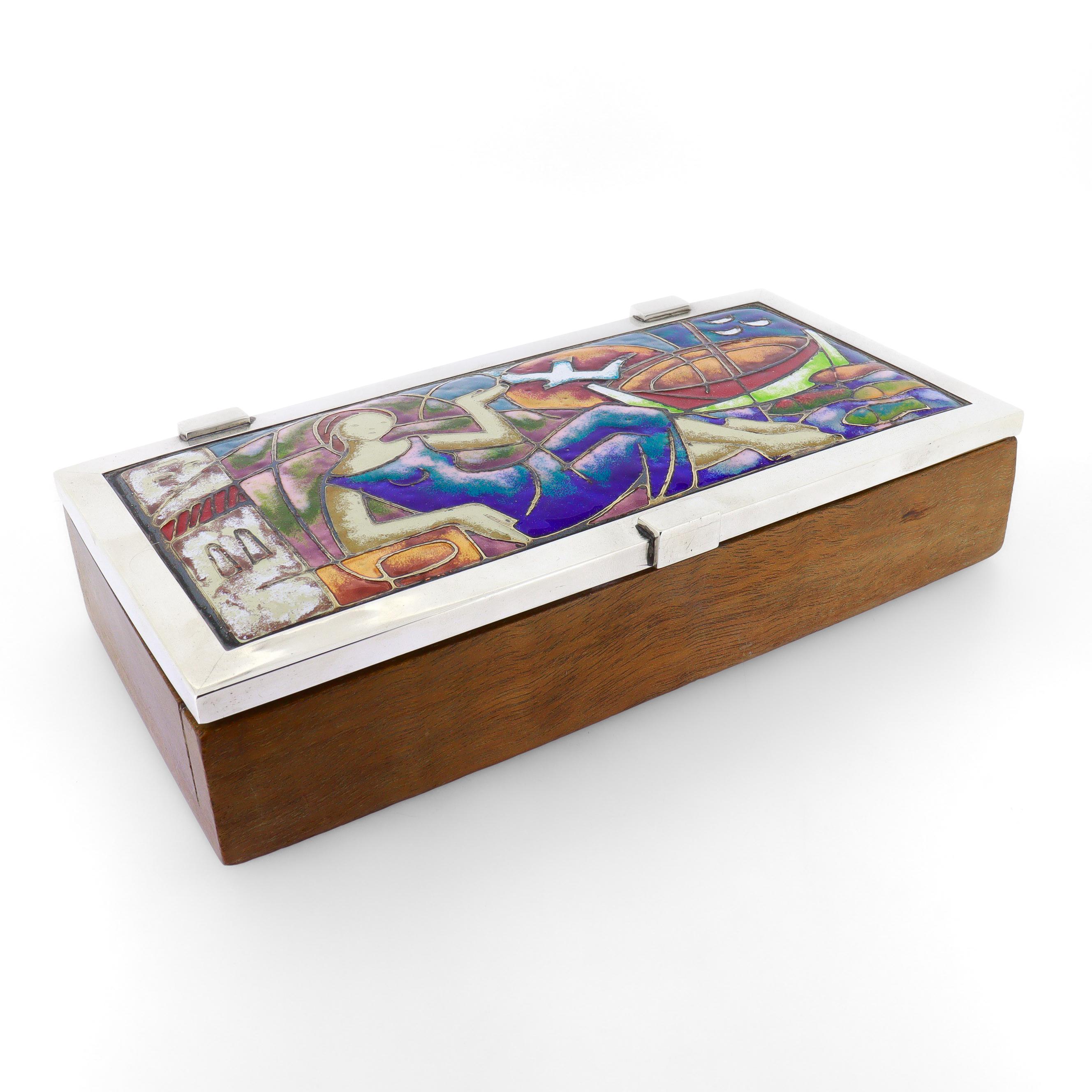 Caja de madera española moderna de mediados de siglo con tapa de plata y esmalte Español en venta