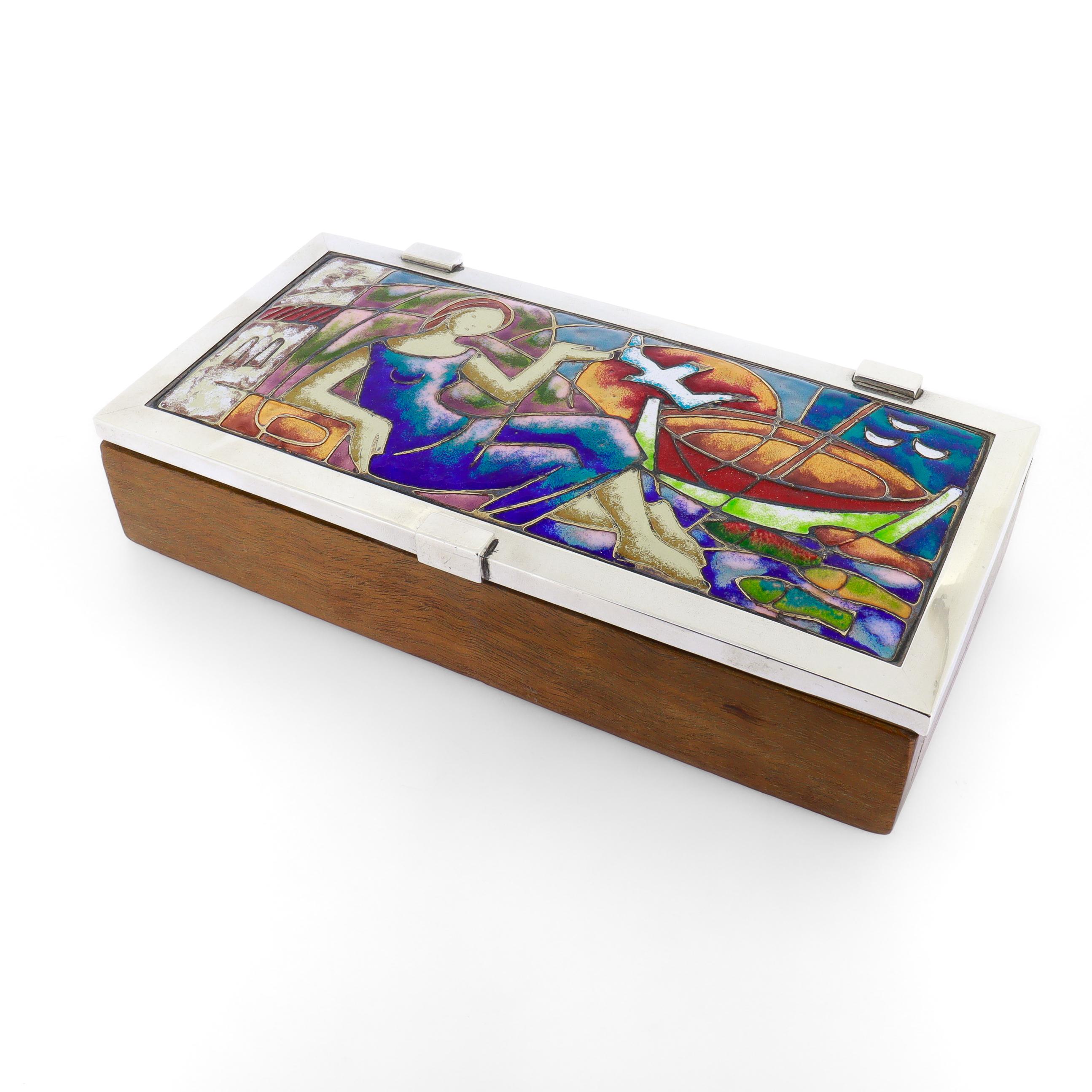 Caja de madera española moderna de mediados de siglo con tapa de plata y esmalte en Bueno estado para la venta en Philadelphia, PA