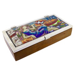 Mid-Century Modern Spanish Wooden Box with Silver & Enamel Lid