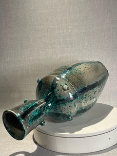 Mid-Century Modern Speckled Green and Black Glazed Terracotta Urn