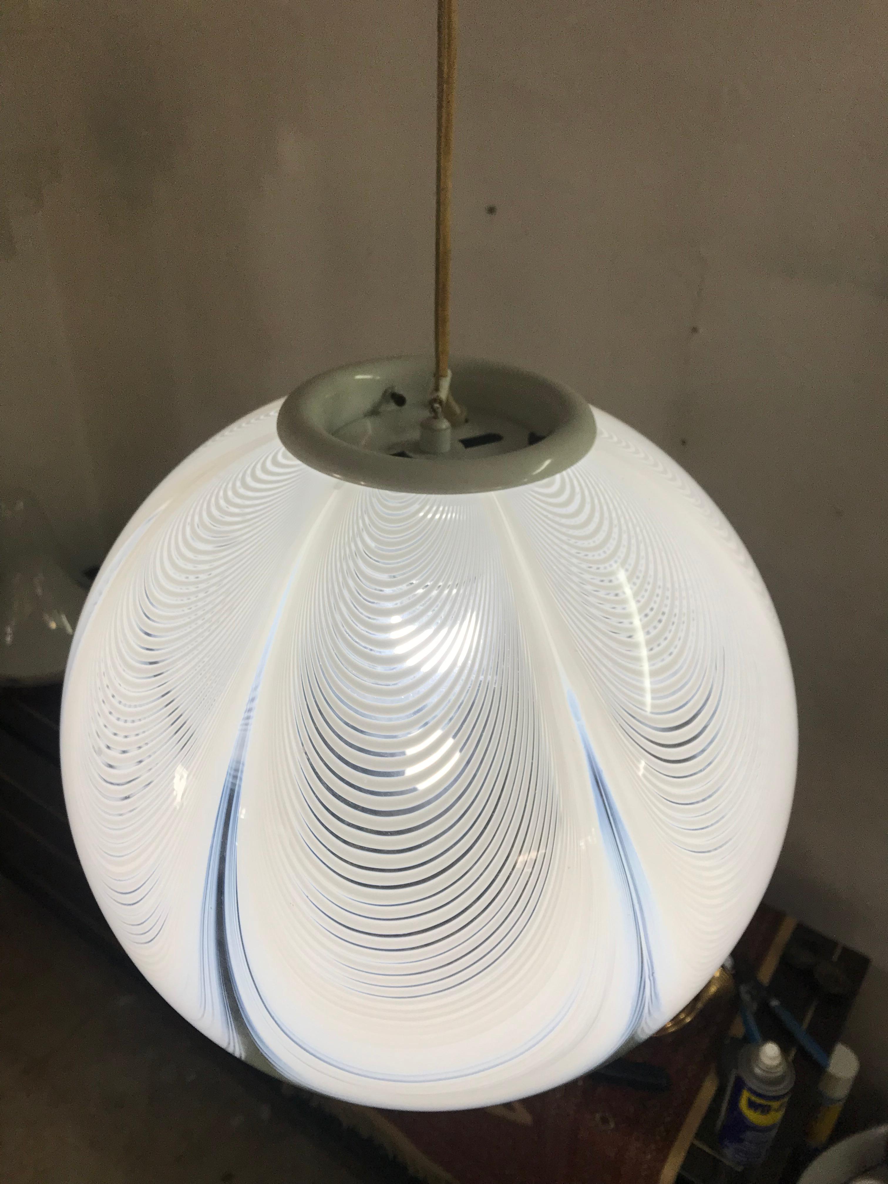 Beautiful and large pendant sphere in white and clear handblown Murano glass in a 