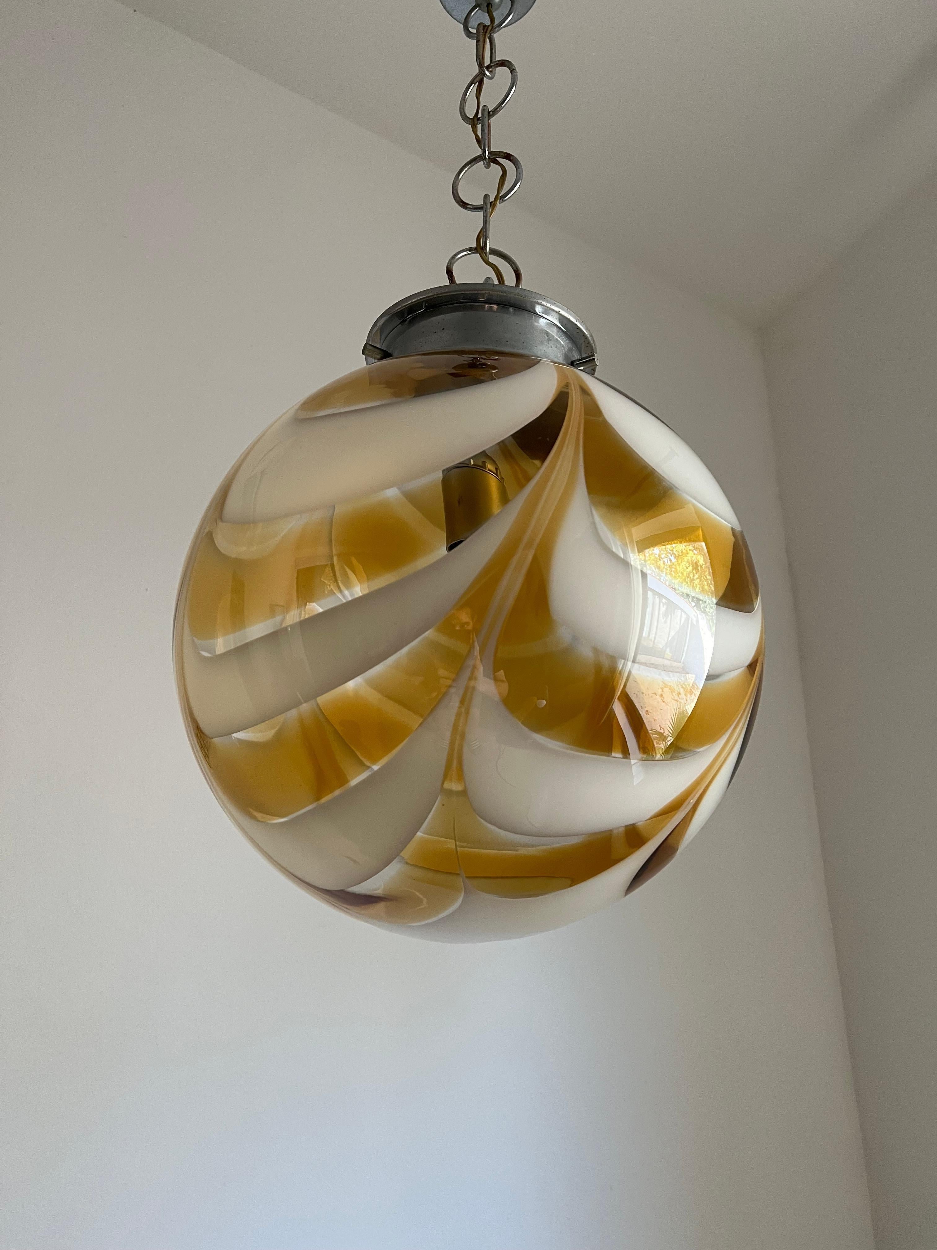 Blown Glass Mid-Century Modern Sphere Chandelier in Murano Swirl Glass by Mazzega, Ca 1970 For Sale