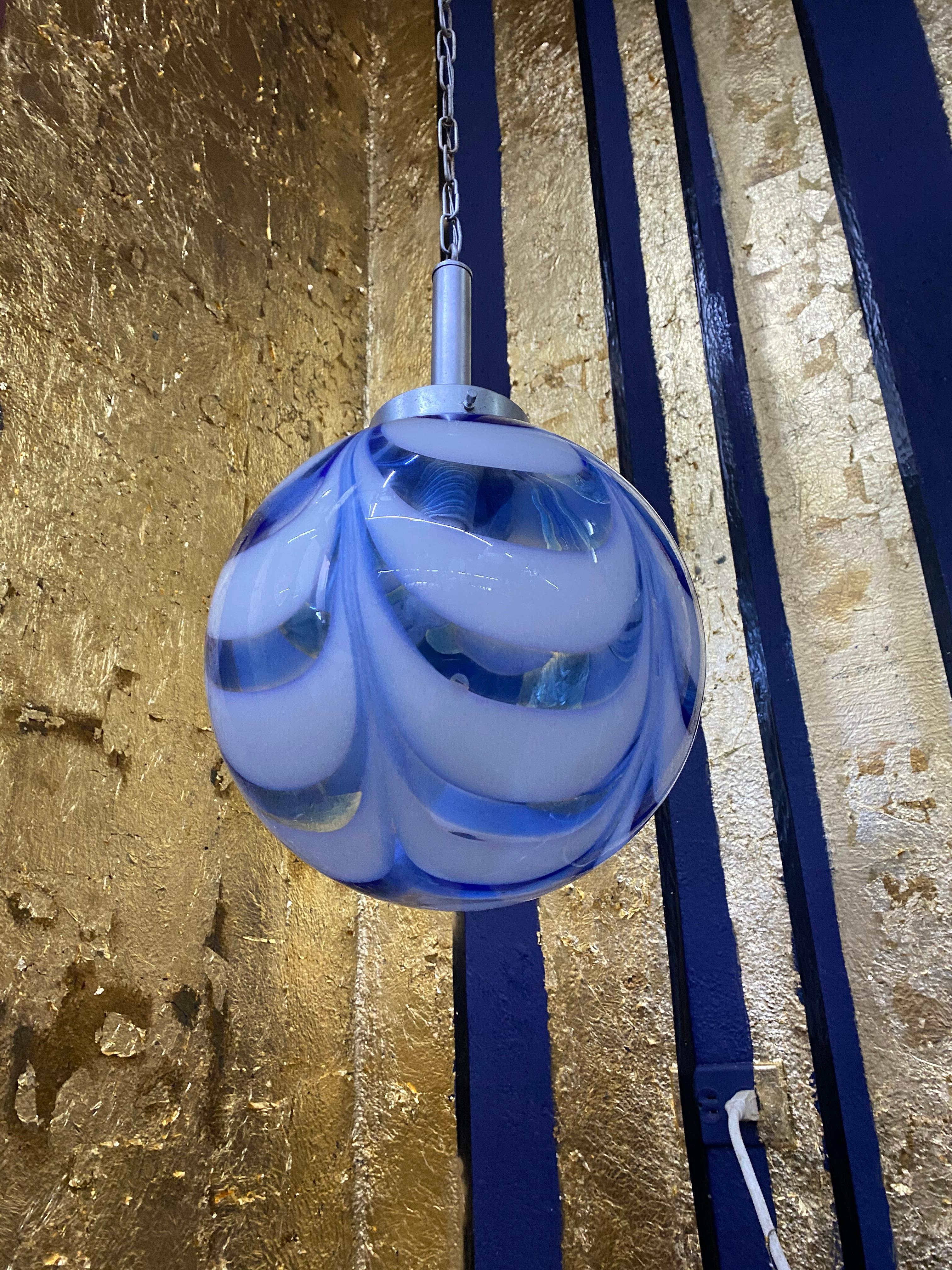 Murano Glass Mid-Century Modern Sphere Chandelier in Murano Swirl Glass , Mazzega, circa 1970 For Sale
