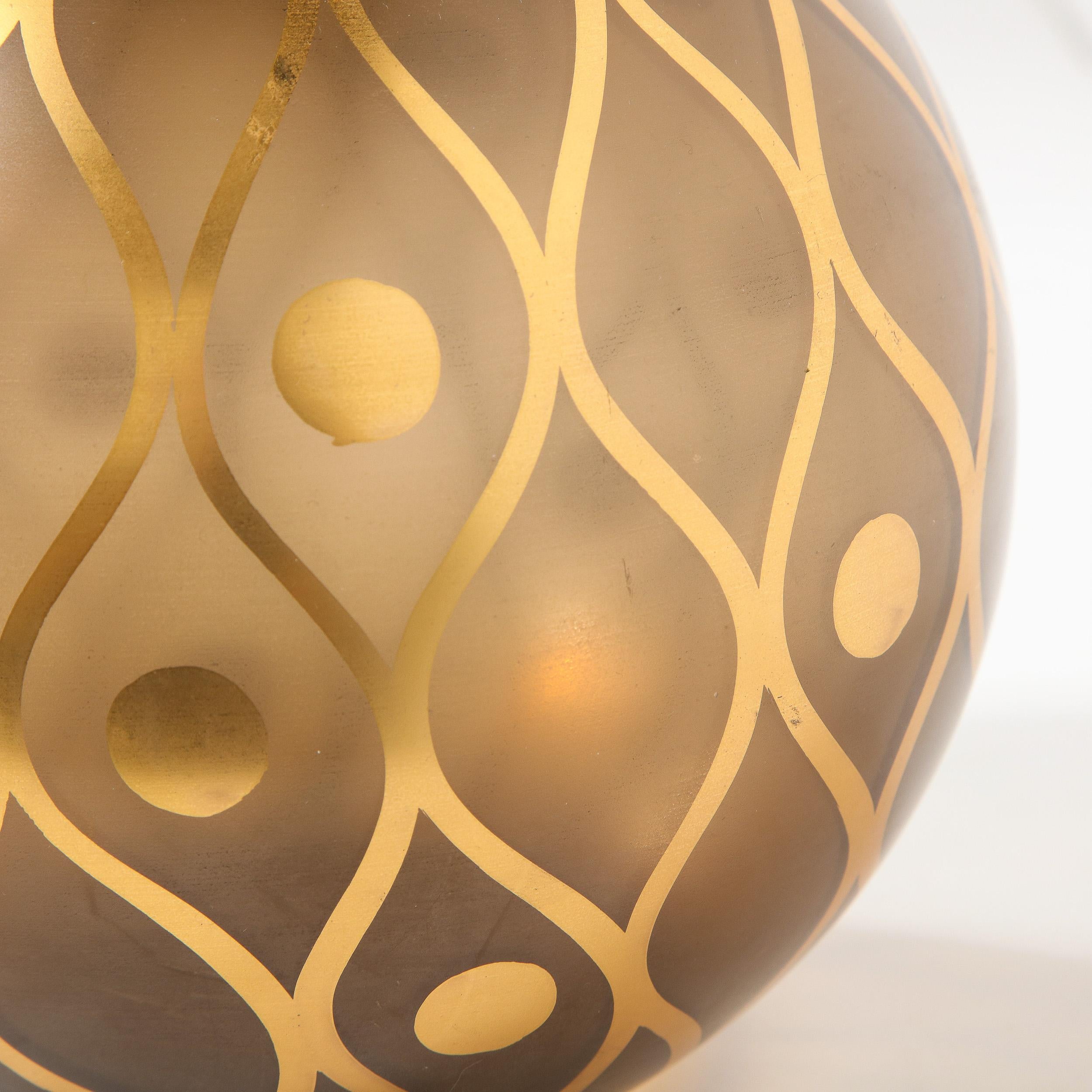French Mid-Century Modern Spherical Smoked Glass Vase with Curvilinear Gilded Detailing