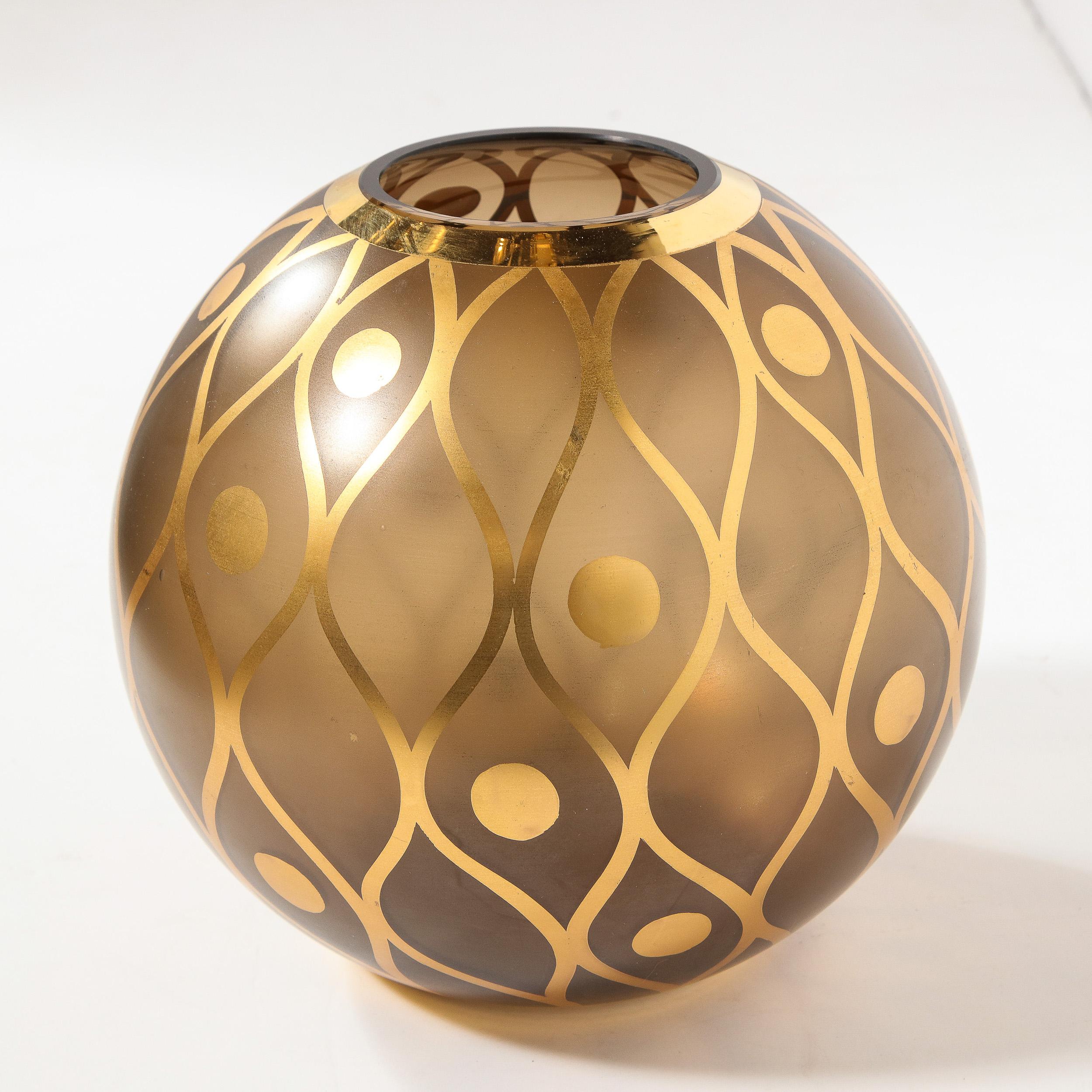 Mid-Century Modern Spherical Smoked Glass Vase with Curvilinear Gilded Detailing In Good Condition In New York, NY
